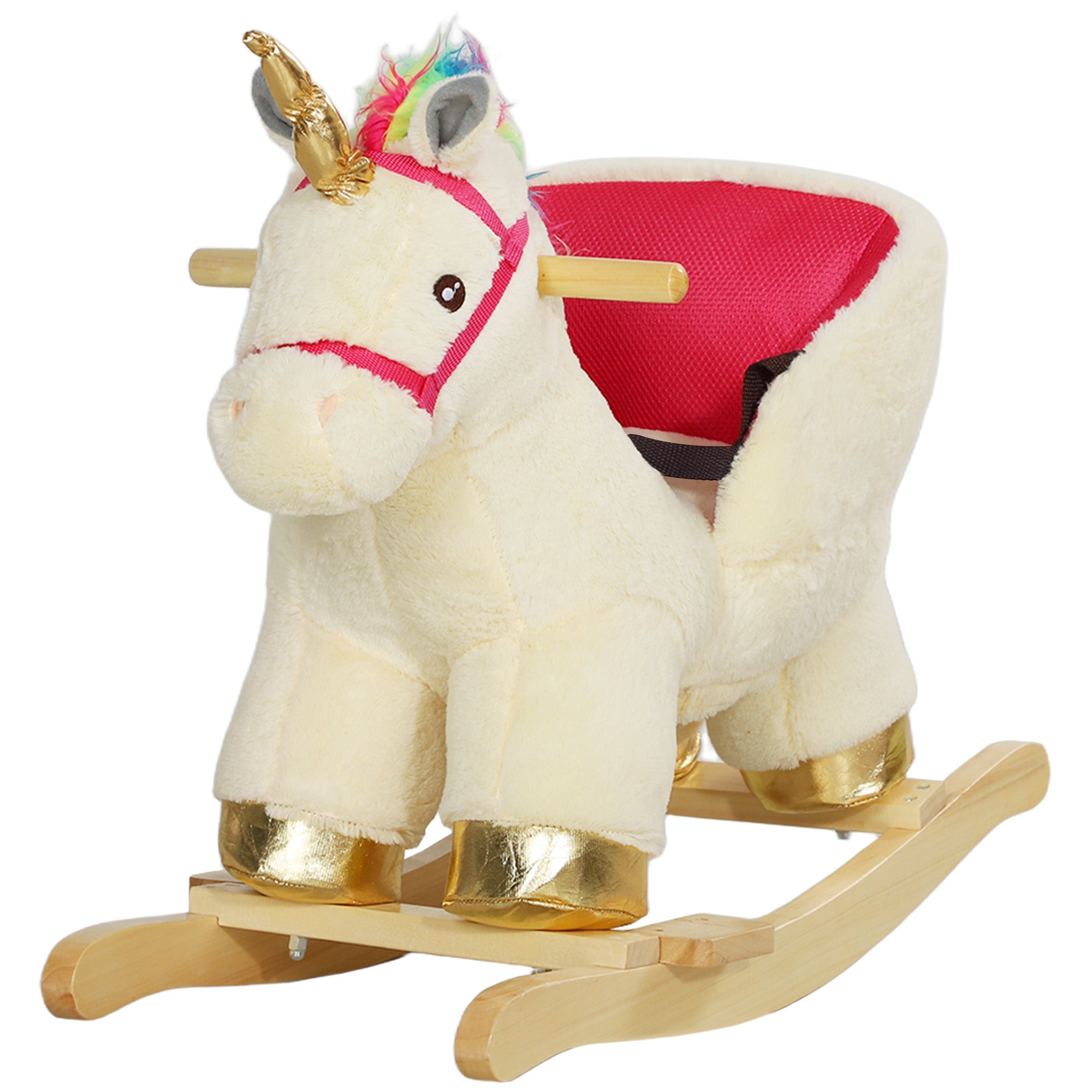 Rocking Horse Unicorn with Sound, Safety Belt, Wooden Base, for 18-36 Months Rocking Horses Cream at Gallery Canada
