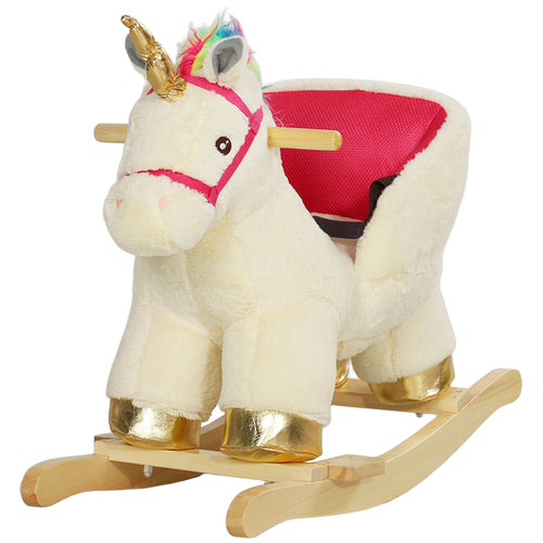 Rocking Horse Unicorn with Sound, Safety Belt, Wooden Base, for 18-36 Months
