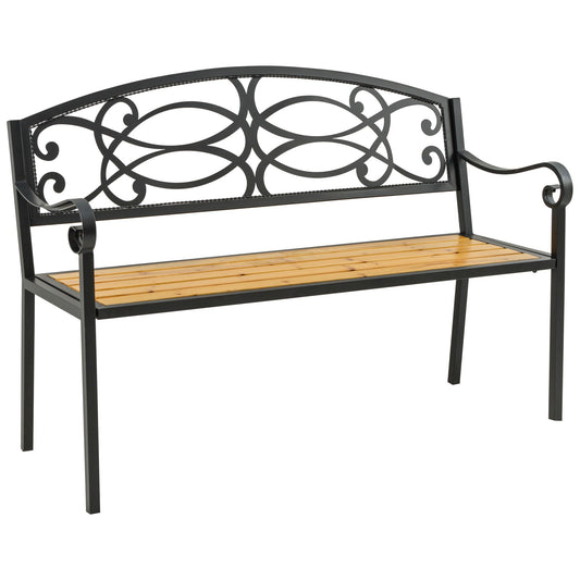 Garden Bench for Outdoor, 2-person Patio Bench with Steel and Wood Frame, Floral Rose Accent, Loveseat Furniture for Lawn, Deck, Yard, Porch and Entryway, Natural - Gallery Canada