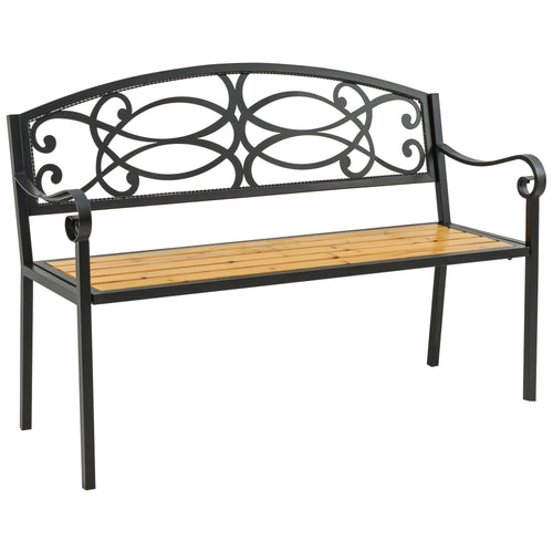 2-Person Garden Bench with Floral Rose Accent, Steel & Wood Frame, Natural