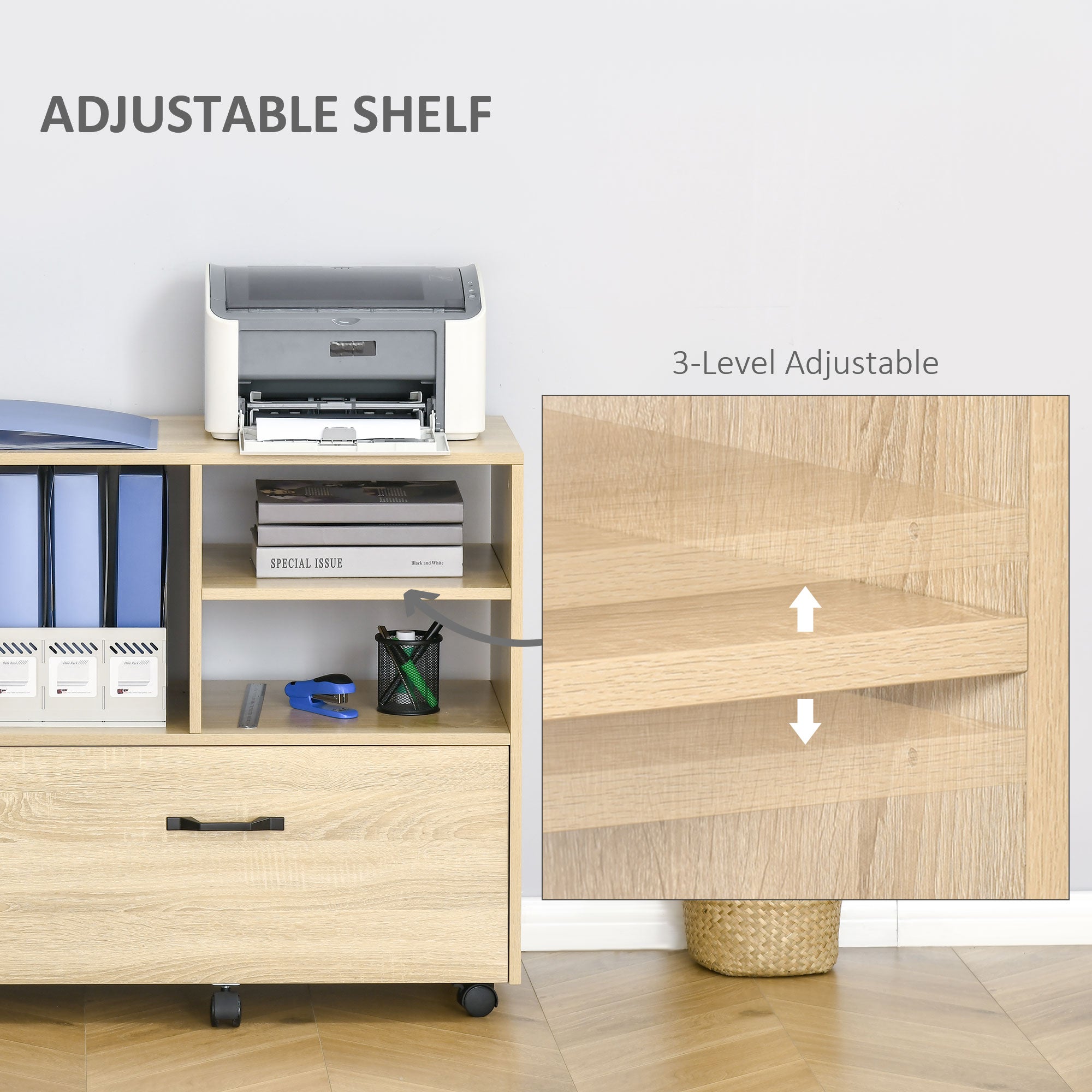 Lateral Filing Cabinet with Open Storage Shelf, Printer Stand, Mobile Office File Cabinet with Wheels for Letter and Legal Sized Files, Natural Office Cabinets & Cupboards at Gallery Canada