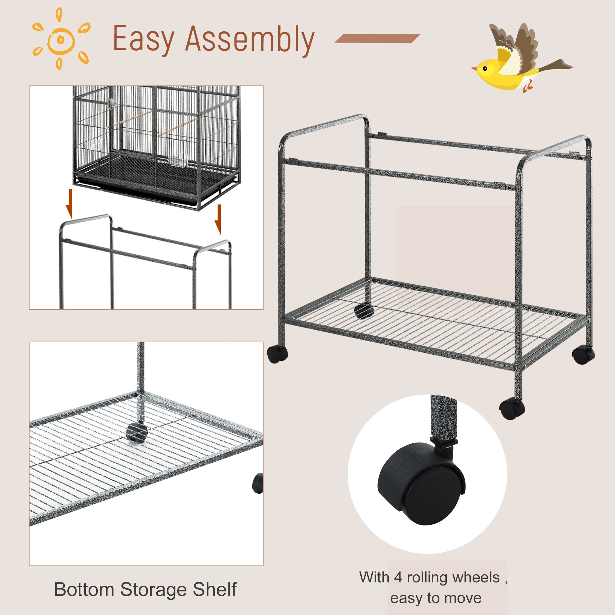 30'' Large Rolling Metal Bird Cage Bird House with Detachable Rolling Stand, Storage Shelf, Wood Perch Food Container - Black Bird Cages at Gallery Canada