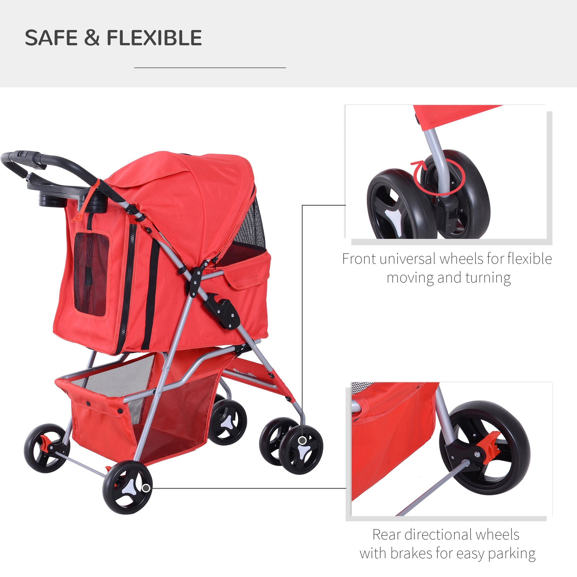 Foldable Pet Stroller Carrier with 4 Wheels, Cup Holder, Storage Basket, Red Dog Bike Trailers & Strollers   at Gallery Canada