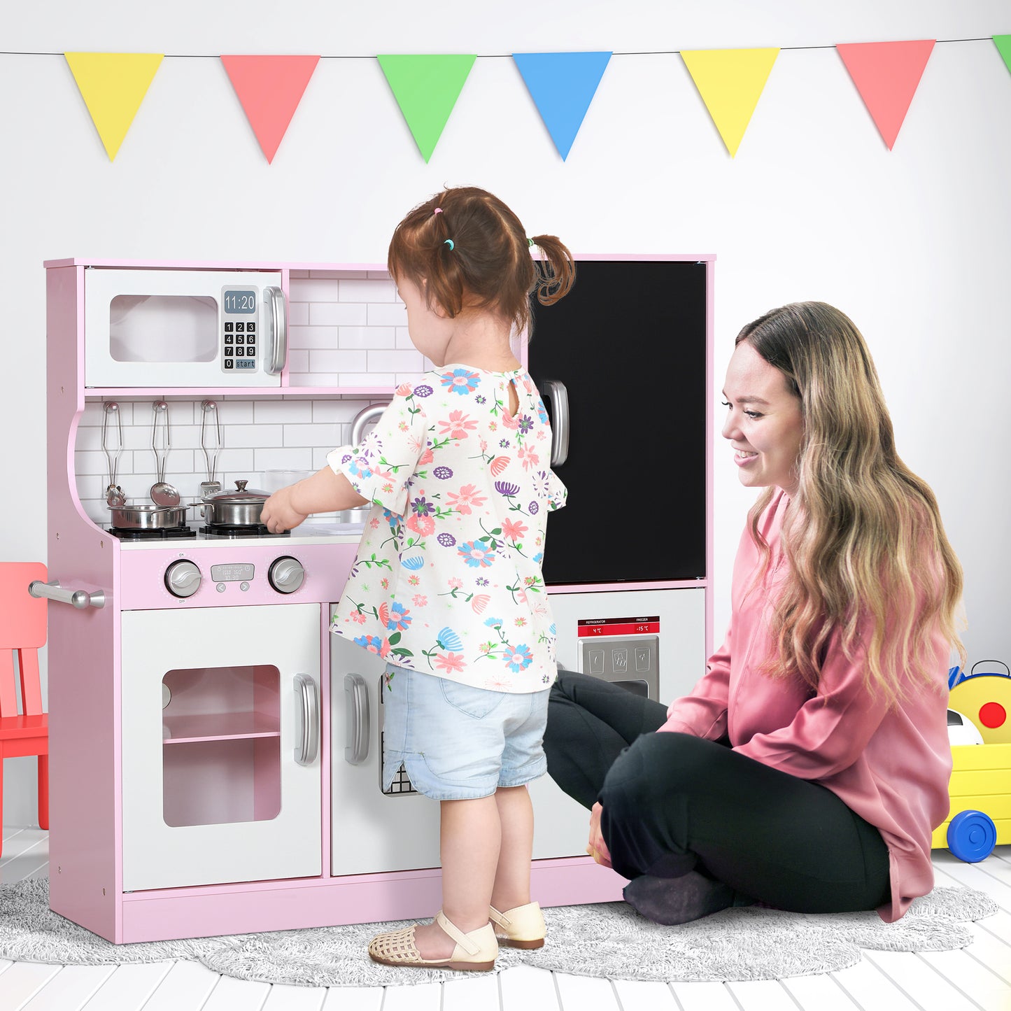 Play Kitchen for Kids, Kids Kitchen Playset w/ Chalkboard, Ice Maker, Play Phone, Sink, Microwave Play Kitchen Pink  at Gallery Canada