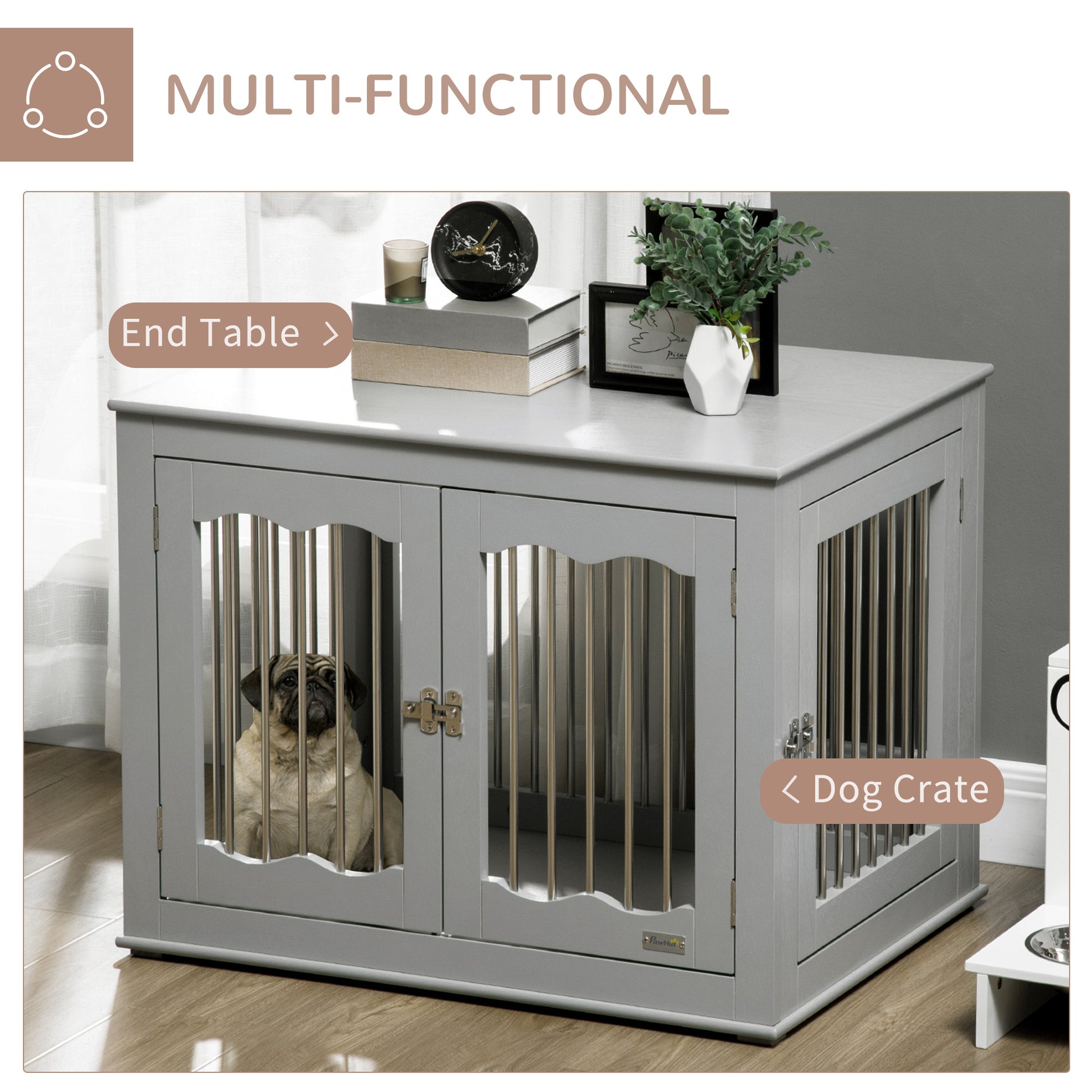 Dog Crate Furniture, Dog Kennel with Three Doors, Locks and Latches, Indoor Use, for Medium Dogs, Grey Houses, Kennels & Pens   at Gallery Canada