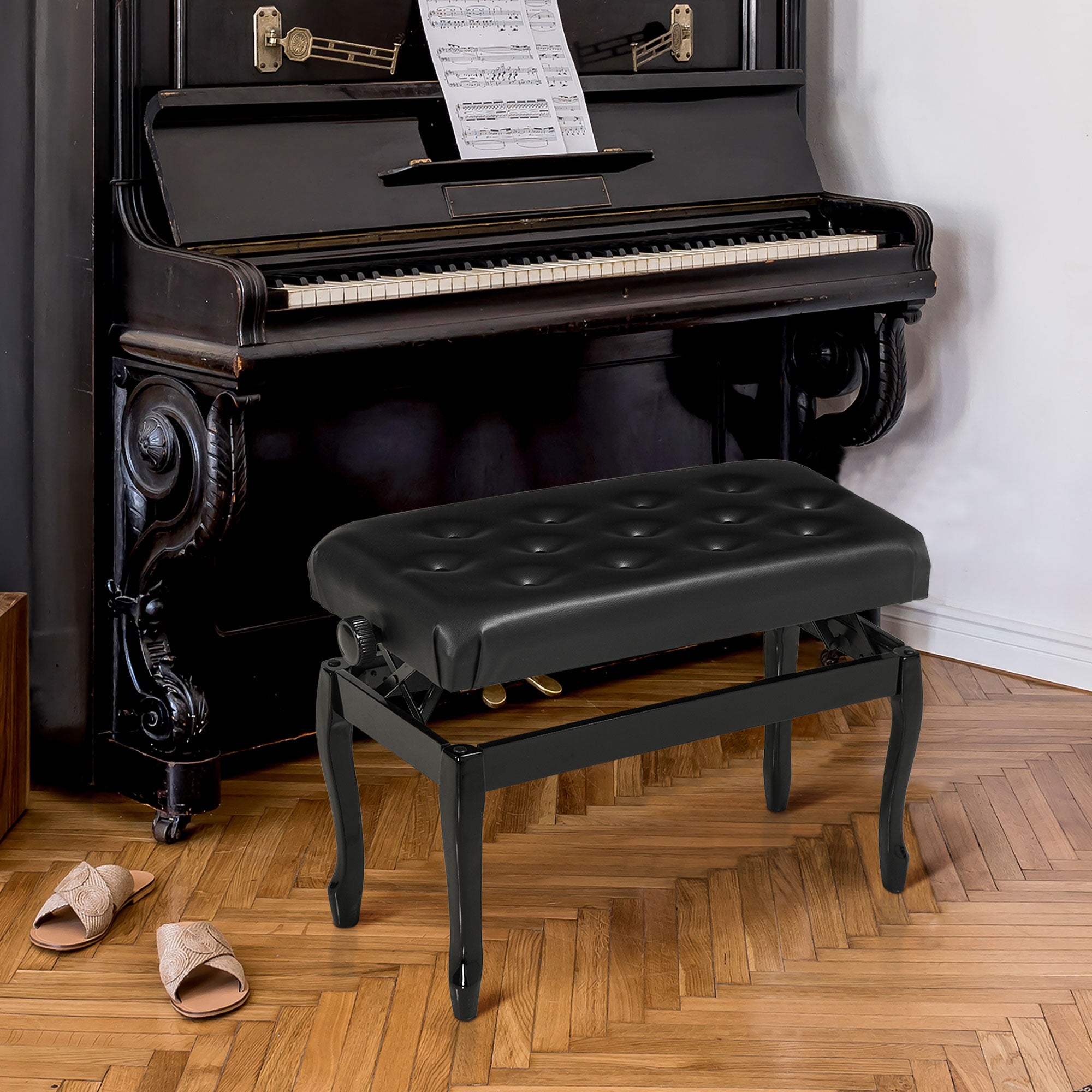 Adjustable Height Piano Bench Stool, PU Leather Button Tufted Padded Keyboard Seat with Rubber Wood Legs, Black Piano Benches at Gallery Canada