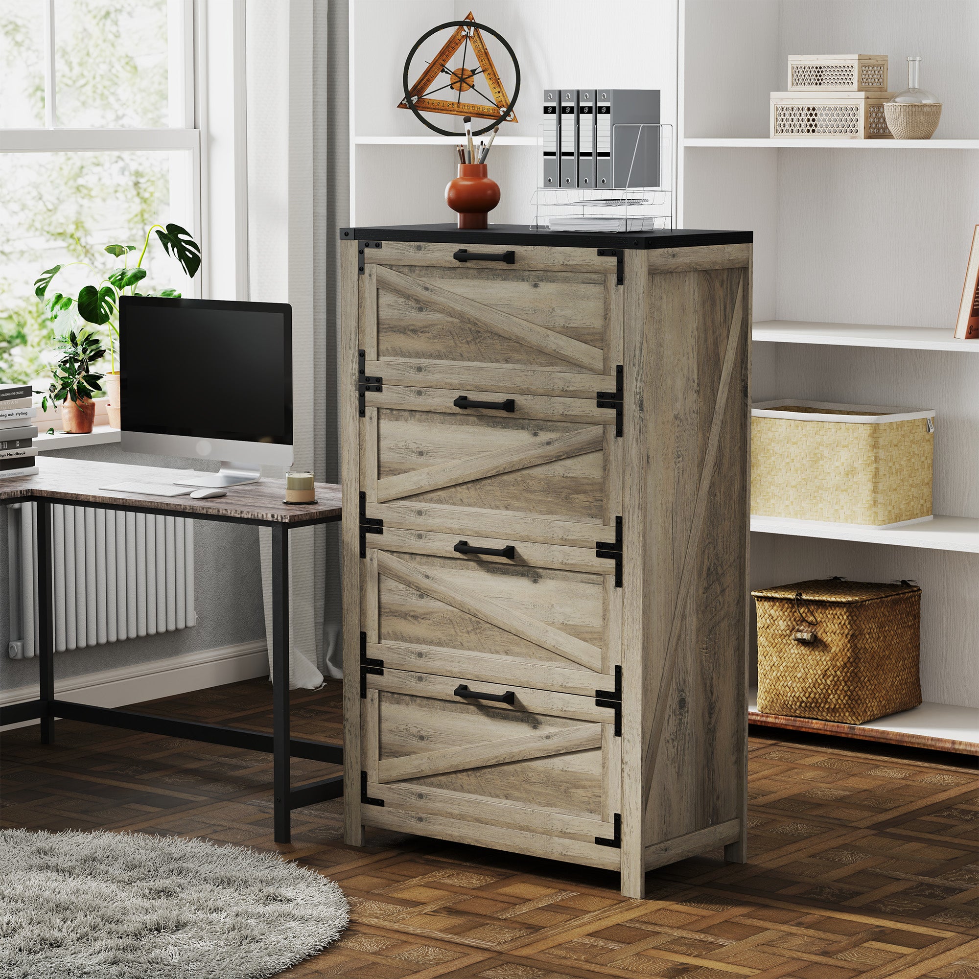 4 Drawer Filing Cabinet, Farmhouse Office Storage Cabinet with Adjustable Hanging Bars for Letter, A4, Legal Size, Grey Office Cabinets & Cupboards at Gallery Canada