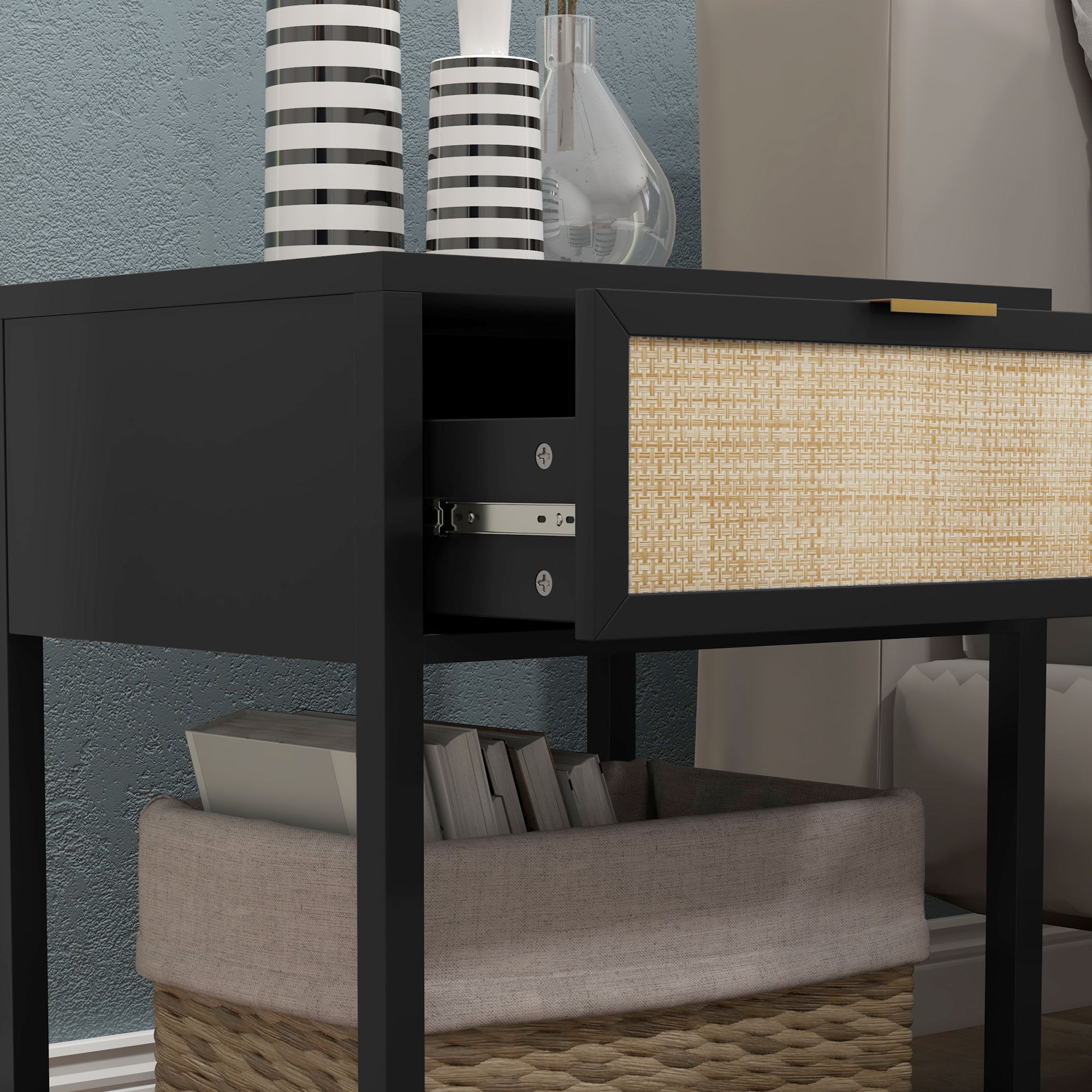 Boho Nightstand, Bedside Table with Rattan Drawer and Open Shelf, Side End Table for Bedroom, Living Room, Black Bedside Tables at Gallery Canada