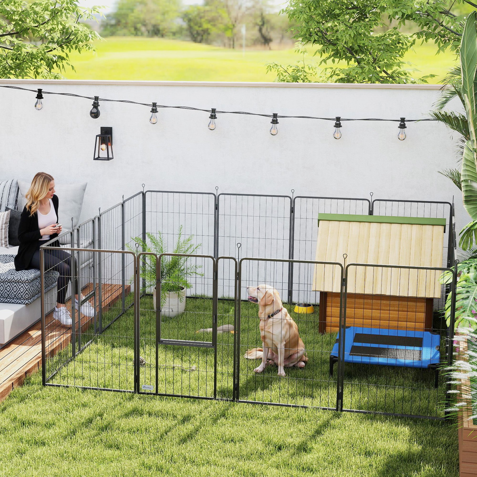 16 Panels Dog Playpen with Straps, Portable &; DIY, for Large Dogs, for Yard, RV, Camping, Garden, 39