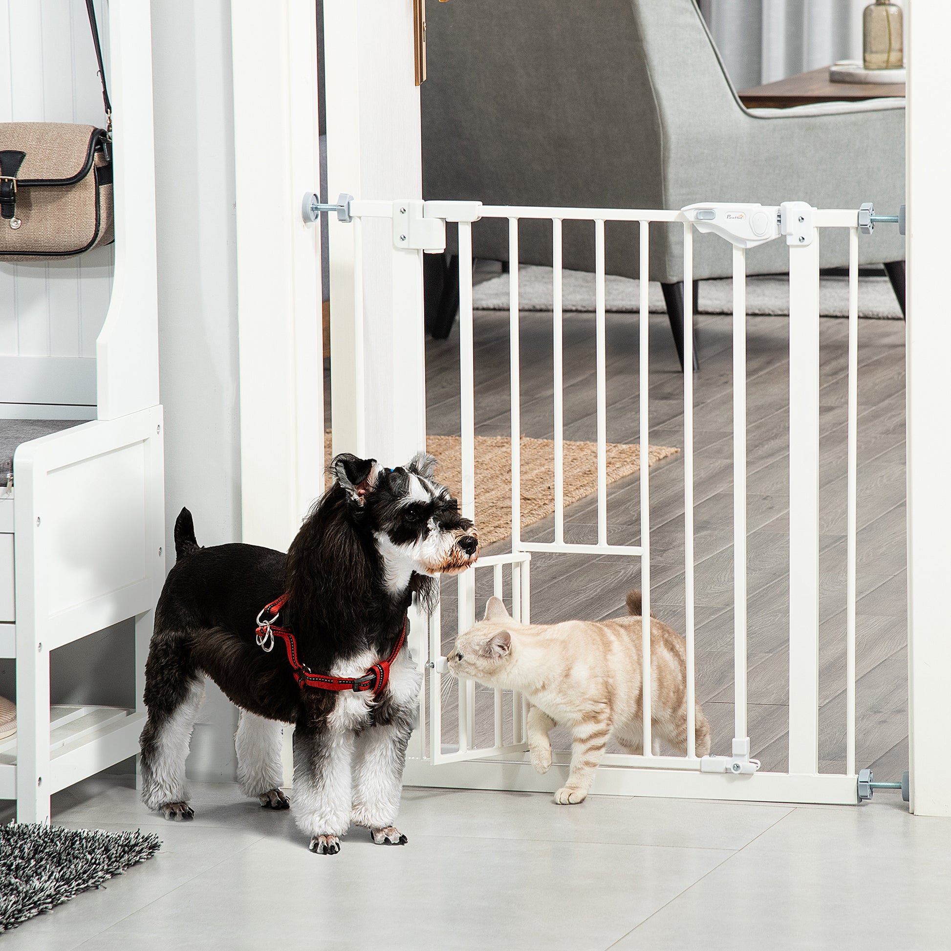 Pet Gate Extra Wide Press-Mounted with Cat Door, Auto Closing Pet Gate for Stair, Hallway, 29-32 Inch, White Houses, Kennels & Pens at Gallery Canada