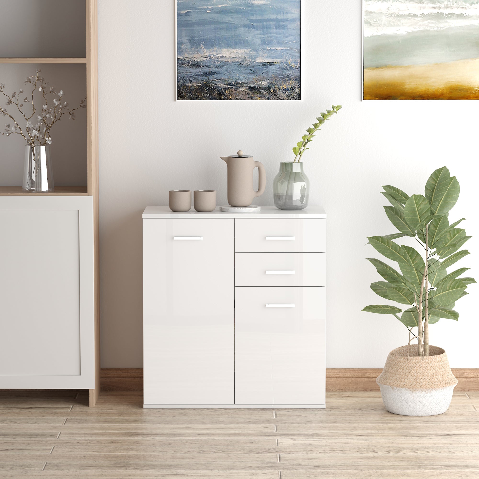 High Gloss Sideboard with 2 Drawers and 2 Doors, Buffet Cabinet with Adjustable Shelf, Coffee Bar Cabinet with Storage, White Storage Cabinets at Gallery Canada
