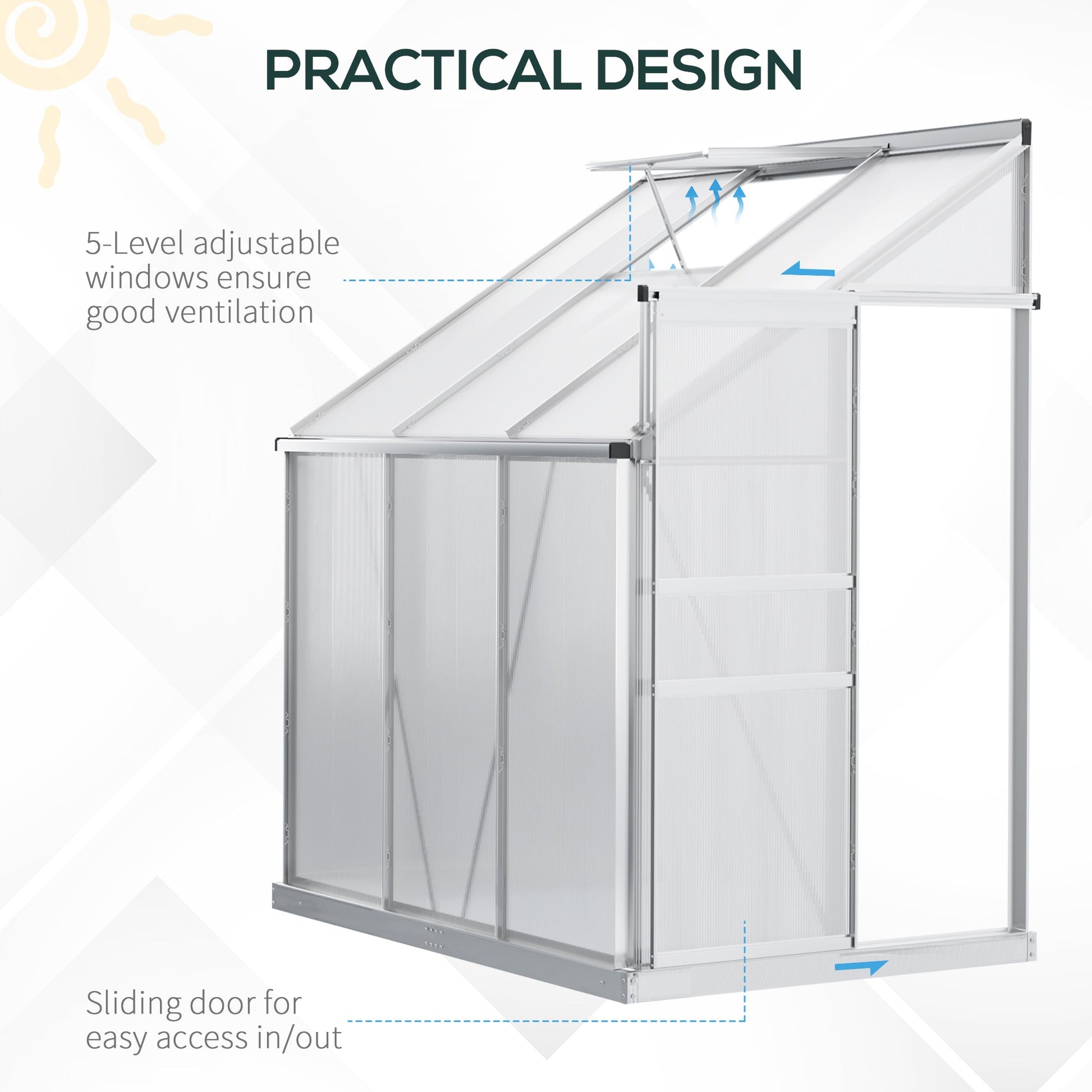 6' x 4' Aluminum Lean-to Greenhouse Polycarbonate Walk-in Garden Greenhouse with Adjustable Roof Vent, Rain Gutter and Sliding Door for Winter, Clear Walk In Greenhouses   at Gallery Canada