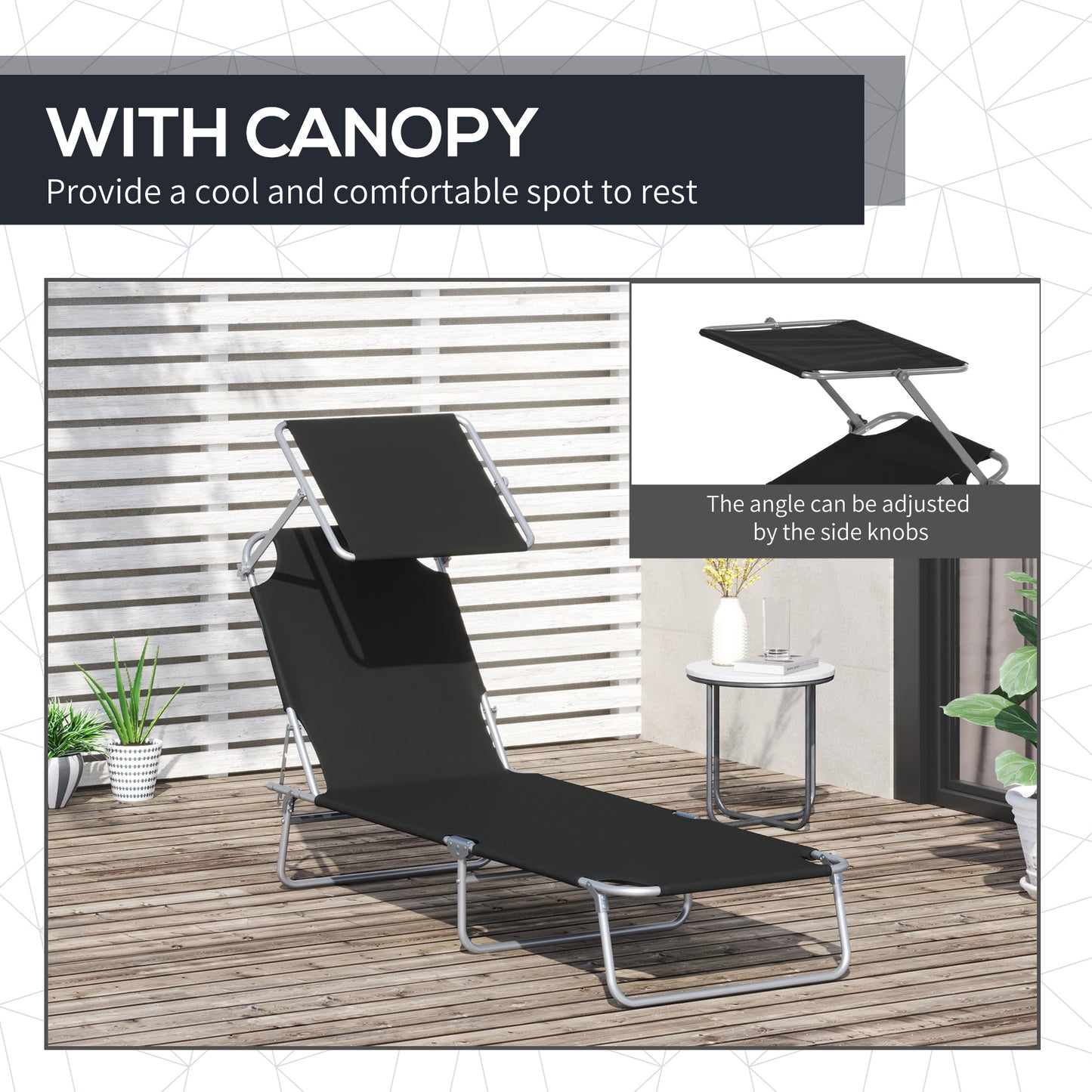 Outdoor Lounge Chair, Adjustable Folding Chaise Lounge, Tanning Chair with Sun Shade for Beach, Camping, Hiking, Backyard, Black Lounger Chairs   at Gallery Canada