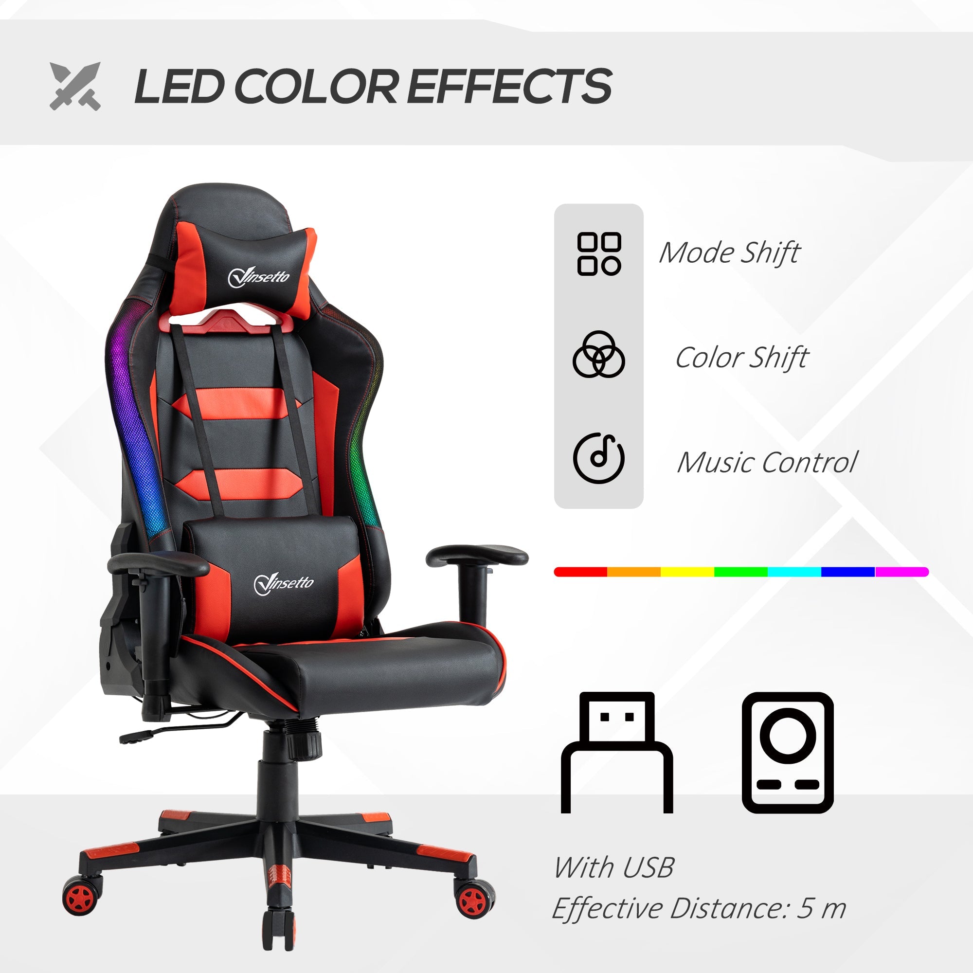 Racing Office Chair with RGB LED Light, Gaming Desk Chair with Lumbar Support, High Back PU Leather Swivel Computer Recliner, Tilt, Black and Red Video Game Chairs   at Gallery Canada