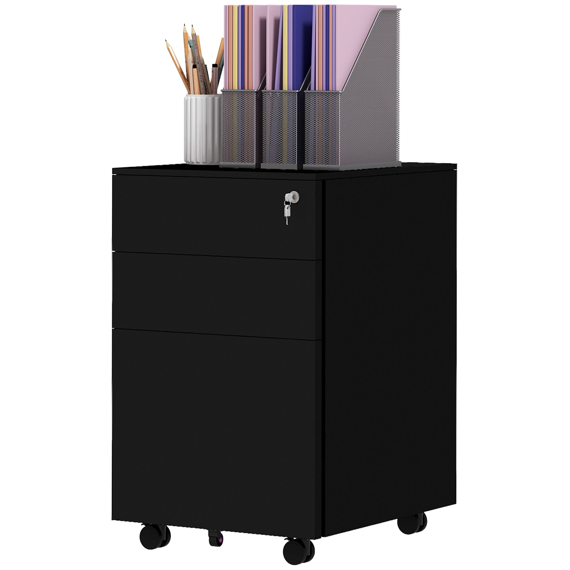 Vertical Steel Filing Cabinet, 3-Drawer Lockable File Cabinet with Adjustable Hanging Bar for A4, Legal and Letter Size, Black Office Cabinets & Cupboards Black  at Gallery Canada