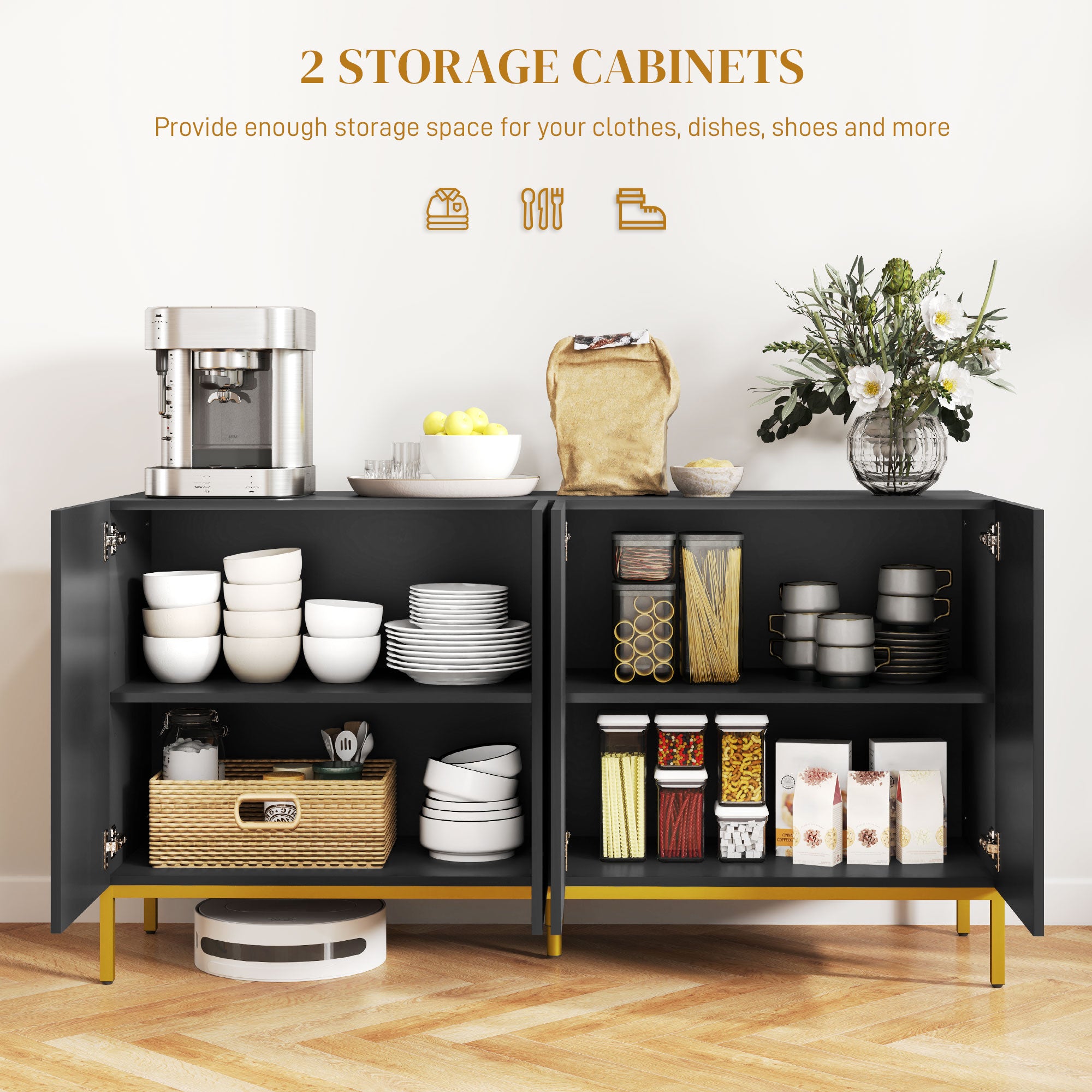 Sideboard Storage Cabinet with Adjustable Shelves, Soft-Close Doors, Kitchen Buffet Cabinet for Dining Room, Black Kitchen Pantry Cabinets at Gallery Canada