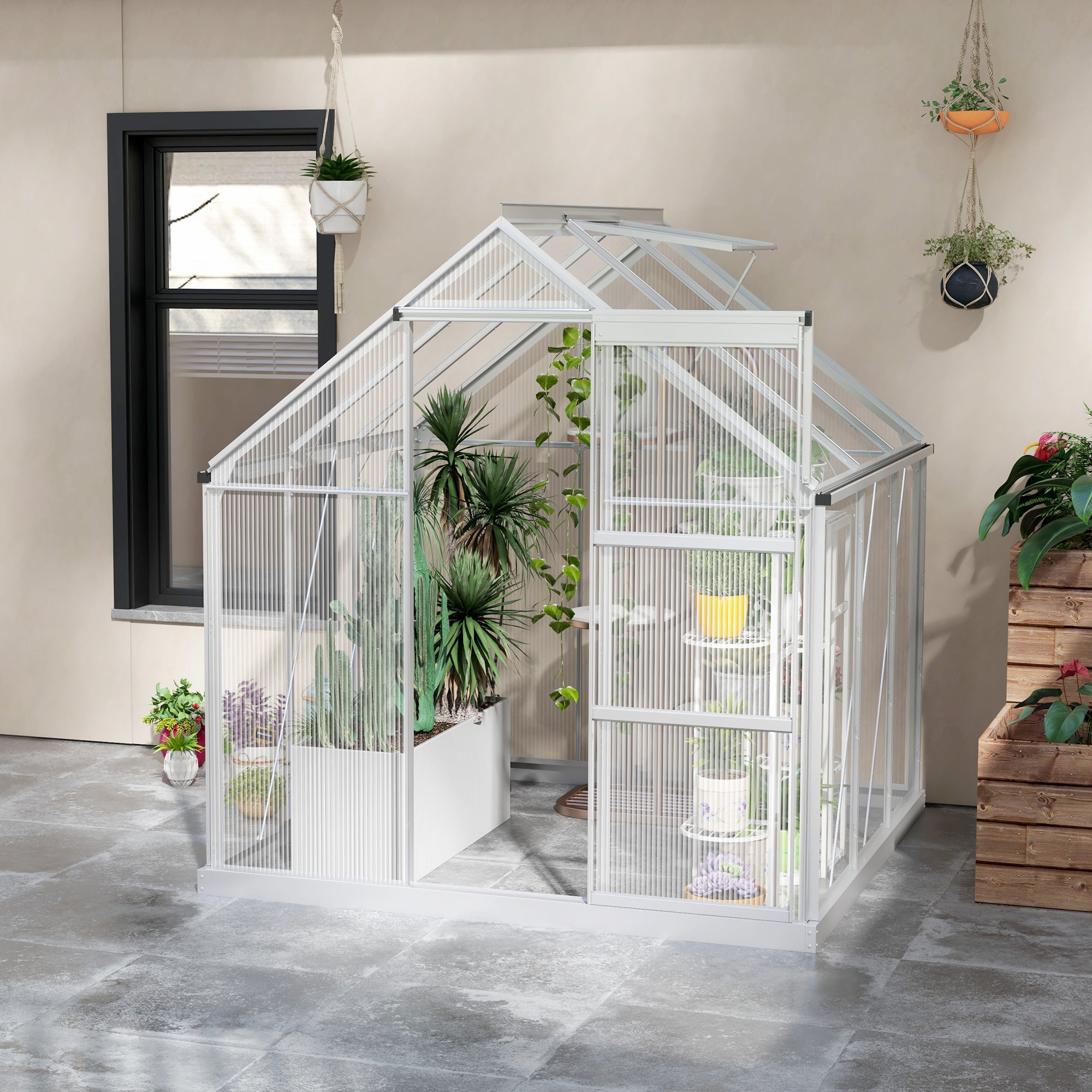 6' x 6' Walk-In Greenhouse, Polycarbonate Greenhouse with Sliding Door, Window, Aluminium Frame, Foundation, Silver Walk In Greenhouses   at Gallery Canada