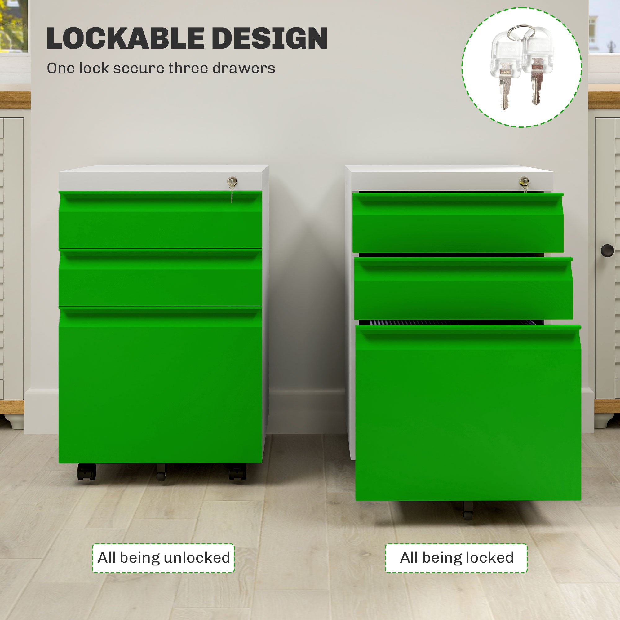 3 Drawer Filing Cabinet, Lockable Office Storage Cabinet on Wheels for Legal, Letter, A4 Files, Green Office Cabinets & Cupboards   at Gallery Canada