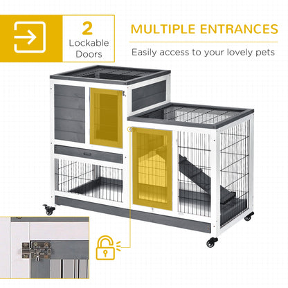 Rabbit Hutch Indoor Bunny Cage Guinea Pig House on Wheels with Run, Pull Out Trays, Grey and White Rabbit Hutch   at Gallery Canada