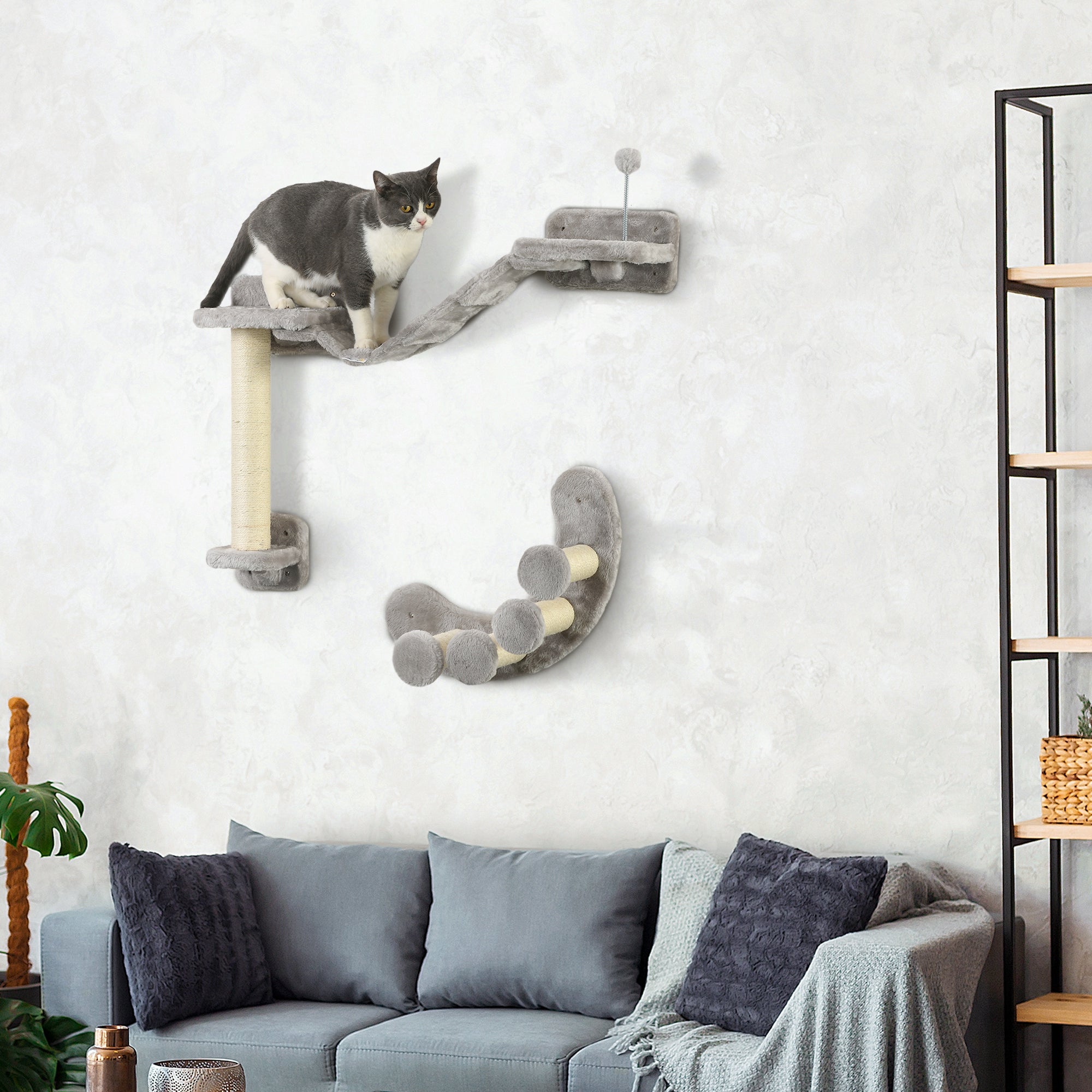 Cat Wall Shelf with Scratching Post, Cat Wall Shelves for Relaxing, Climbing, Cat Wall With Soft Ladder and Play Ball, Grey Cat Climbing Wall at Gallery Canada