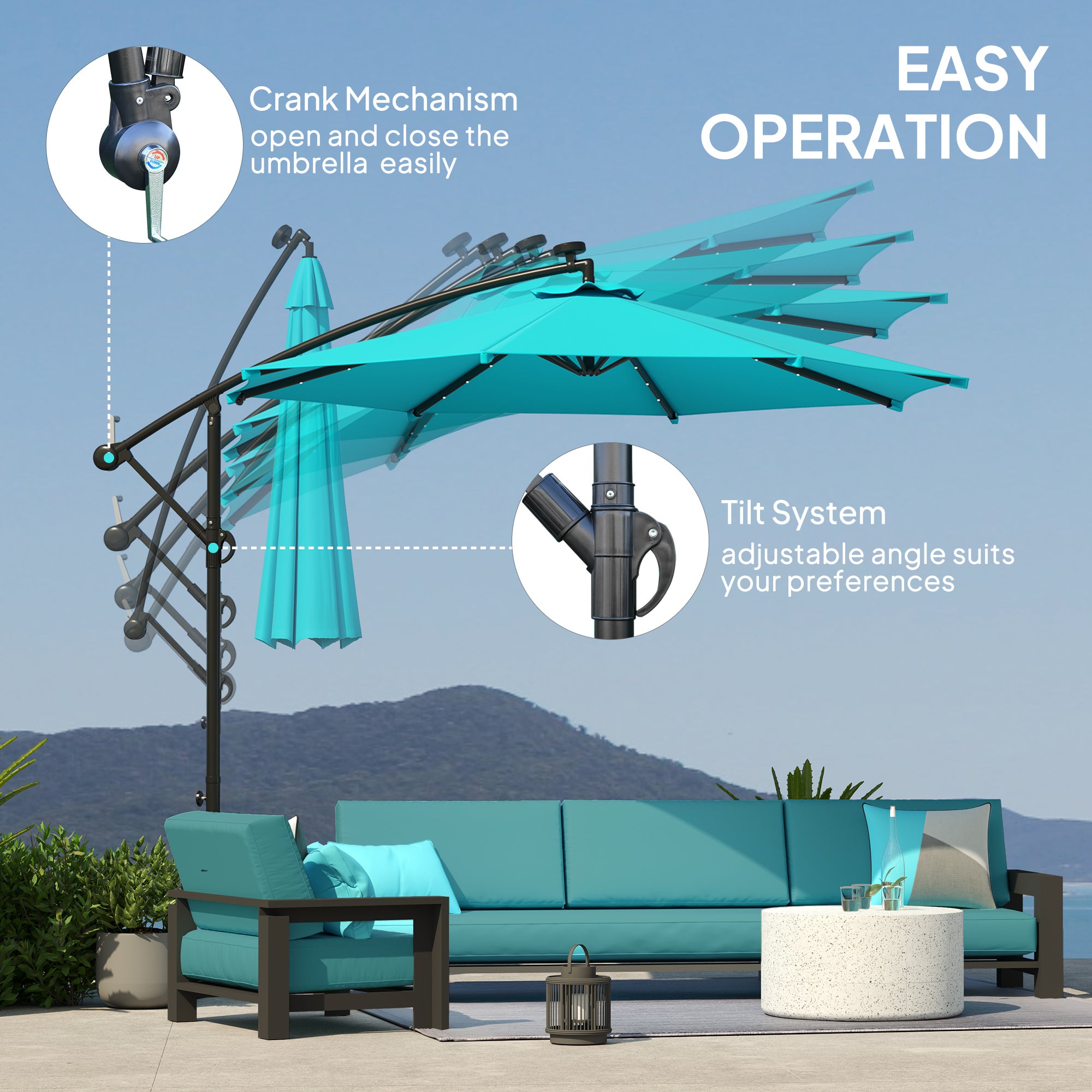 10ft Outdoor Cantilever Umbrella Banana Umbrella with Solar Lights and Adjustable Angle for Patio Backyard Turquoise Offset Cantilever Umbrellas at Gallery Canada