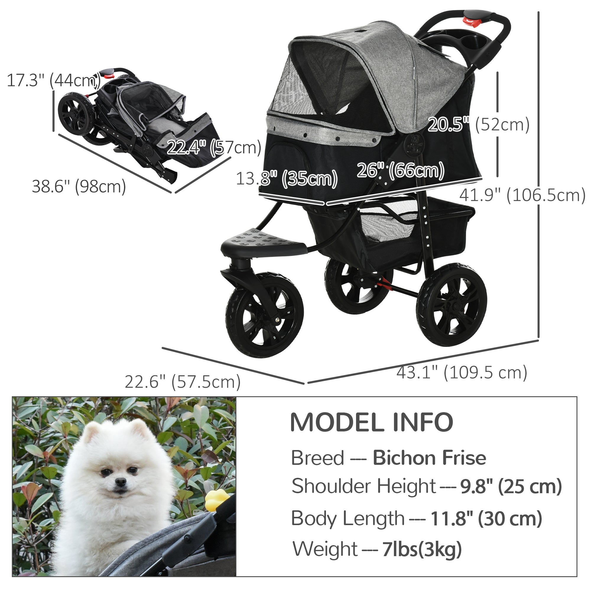 3 Wheel Folding Dog Stroller, Jogger Travel Carrier with Adjustable Canopy, Storage Brake, Mesh Window for S&;M Dogs Grey Dog Bike Trailers & Strollers at Gallery Canada