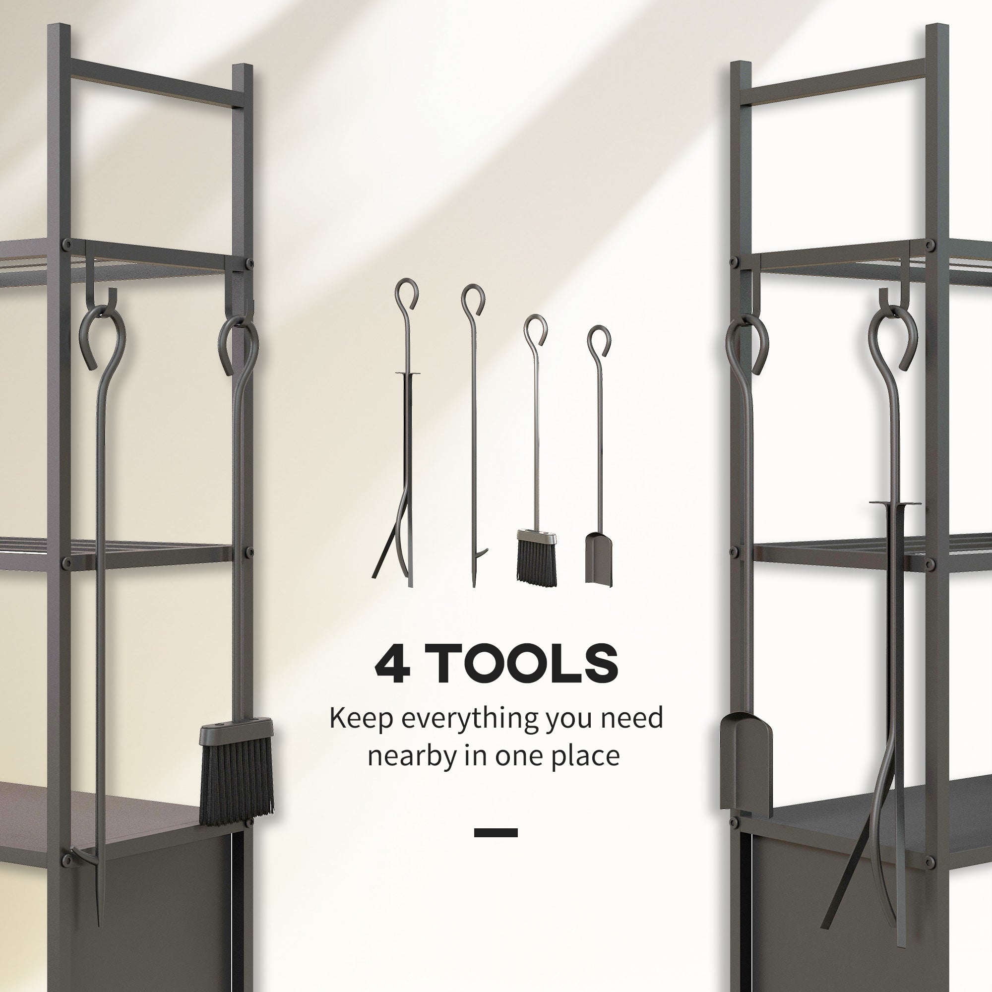 4-Tier Outdoor Indoor Firewood Rack with Wheels and 4 Tools, Powder-Coated Steel Wood Storage Rack Log Holder Firewood Racks   at Gallery Canada