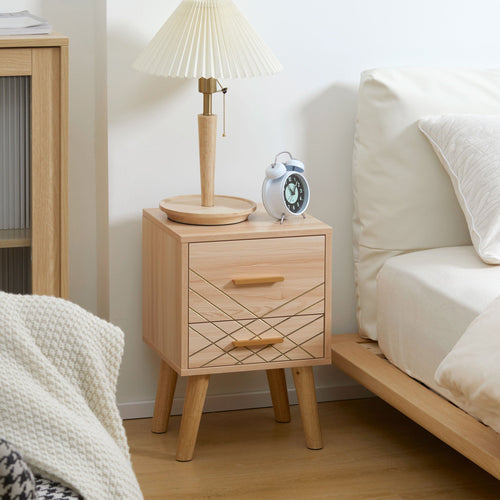 Scandinavian Bedside Table, Side End Table with 2 Drawers and Wood Legs, 13.8