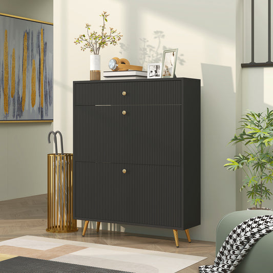 Narrow Shoe Storage Cabinet with Wave-like Panels and Adjustable Shelves for 12 Pairs of Shoes, Black Shoe Storage Cabinets & Racks at Gallery Canada