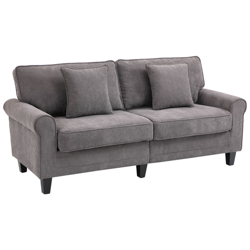 Modern 3 Seater Sofa, Corduroy Fabric 3 Seater Couch with Pine Wood Legs and Rolled Armrests for Living Room, Light Grey