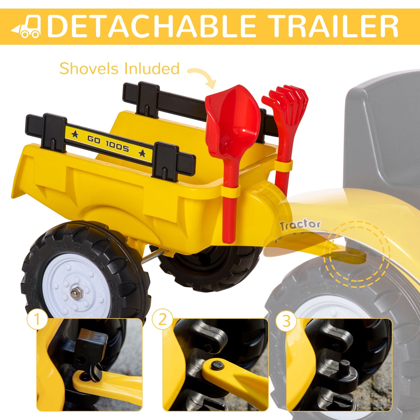 Ride On Toy Pedal Dump Truck, Front Loader Construction Tractor with Detachable Trailer, Yellow Toy Excavators   at Gallery Canada