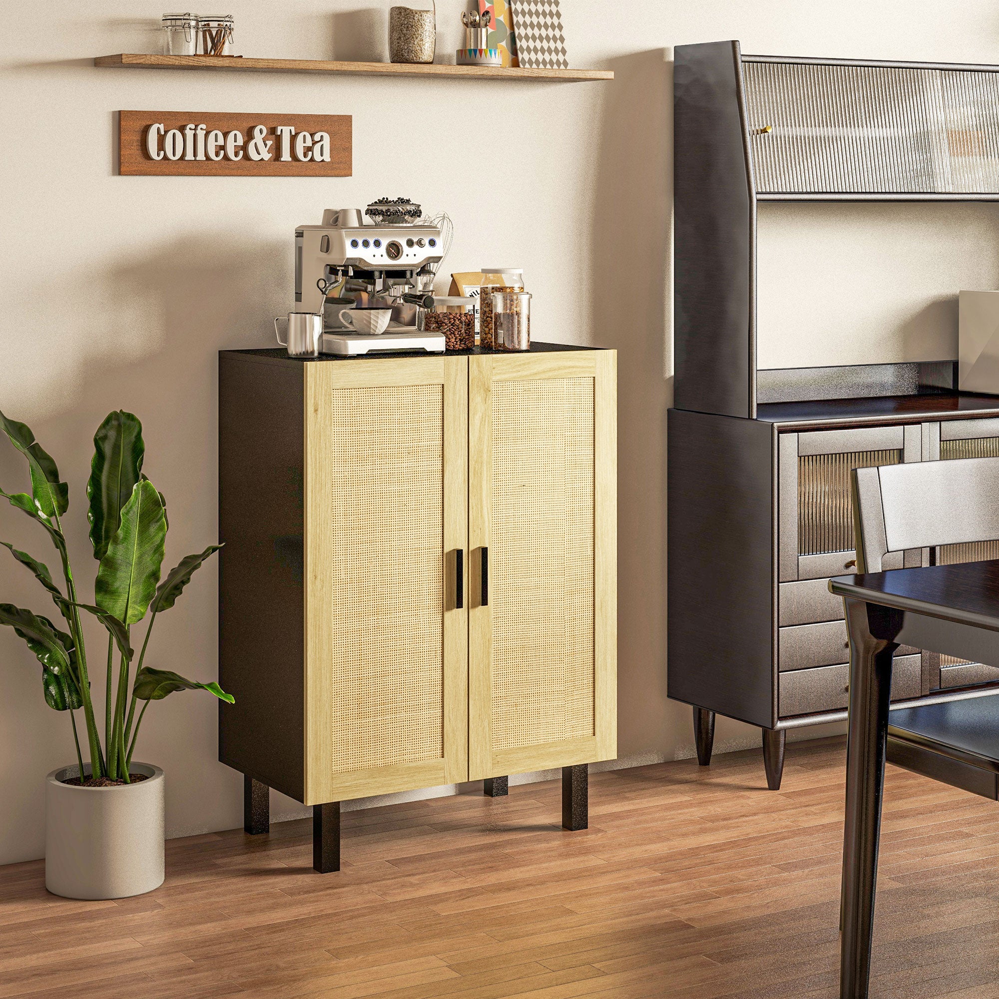 Boho Sideboard, Buffet Cabinet with Storage, Accent Cabinet with 2 Rattan Doors and Adjustable Shelves, Black Storage Cabinets at Gallery Canada