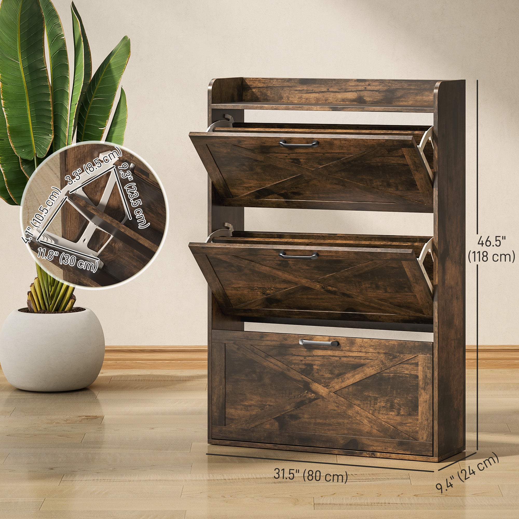Narrow Shoe Storage Cabinet Farmhouse Shoe Cabinet with 3 Flip Drawers Adjustable Shelves for Entryway Rustic Brown Shoe Storage Cabinets & Racks at Gallery Canada