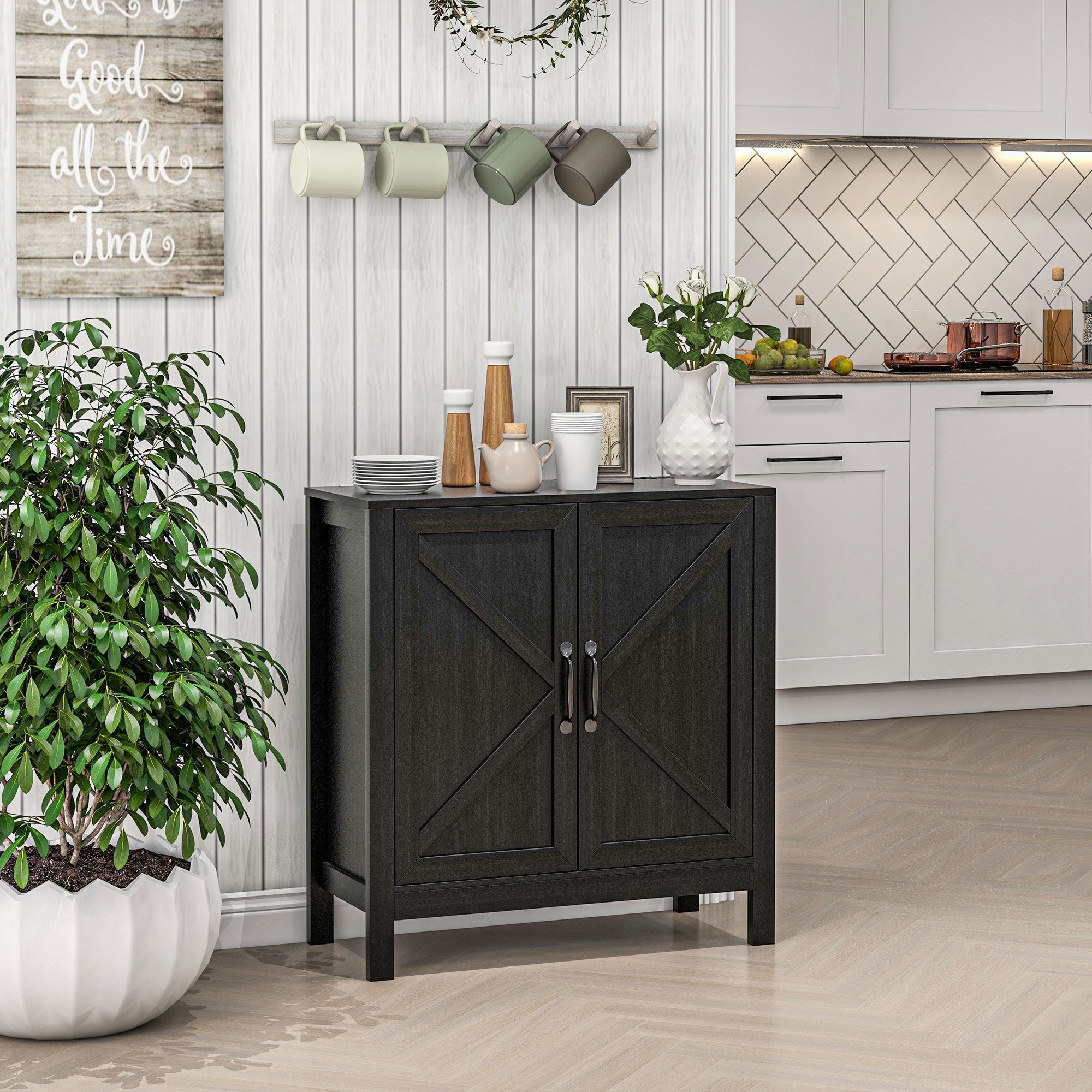 Sideboard Buffet, Kitchen Storage Cabinet with Barn Door and Adjustable Shelves, Storage Pantry, Black Oak Bar Cabinets   at Gallery Canada