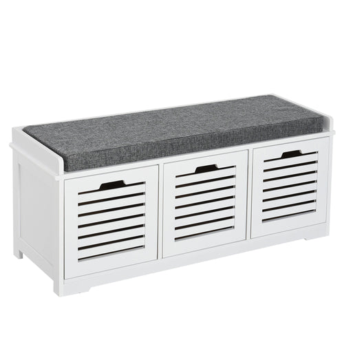 Upholstered Shoe Cabinet Storage Bench with Padded Cushion, with 3 drawer Enough Storage Space Bench Stool for Living Room Entryway Furniture, White