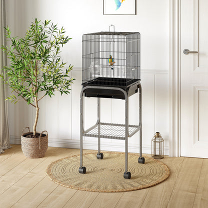 44.5"H Metal Bird Cage Parrot Play Spot Stand with Wheel, Storage Shelf, Multi-doors - Black Bird Cages   at Gallery Canada