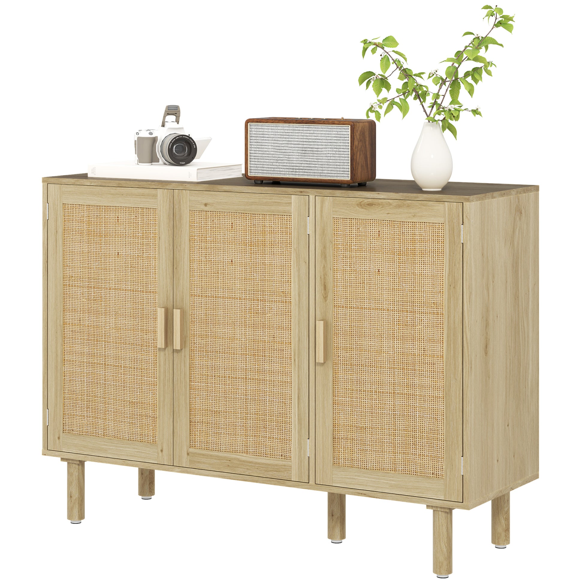 Bohemian Sideboard, 46.9" Buffet Cabinet with 3 Rattan Doors and Shelves for Living Room, Hallway, Oak Storage Cabinets at Gallery Canada