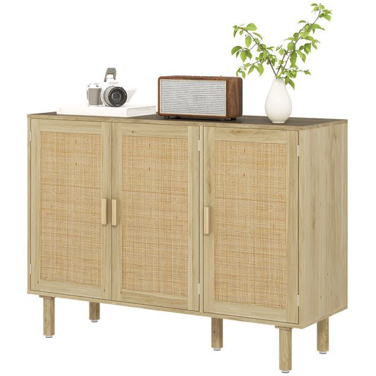 Bohemian Sideboard, 46.9" Buffet Cabinet with 3 Rattan Doors and Shelves for Living Room, Hallway, Oak