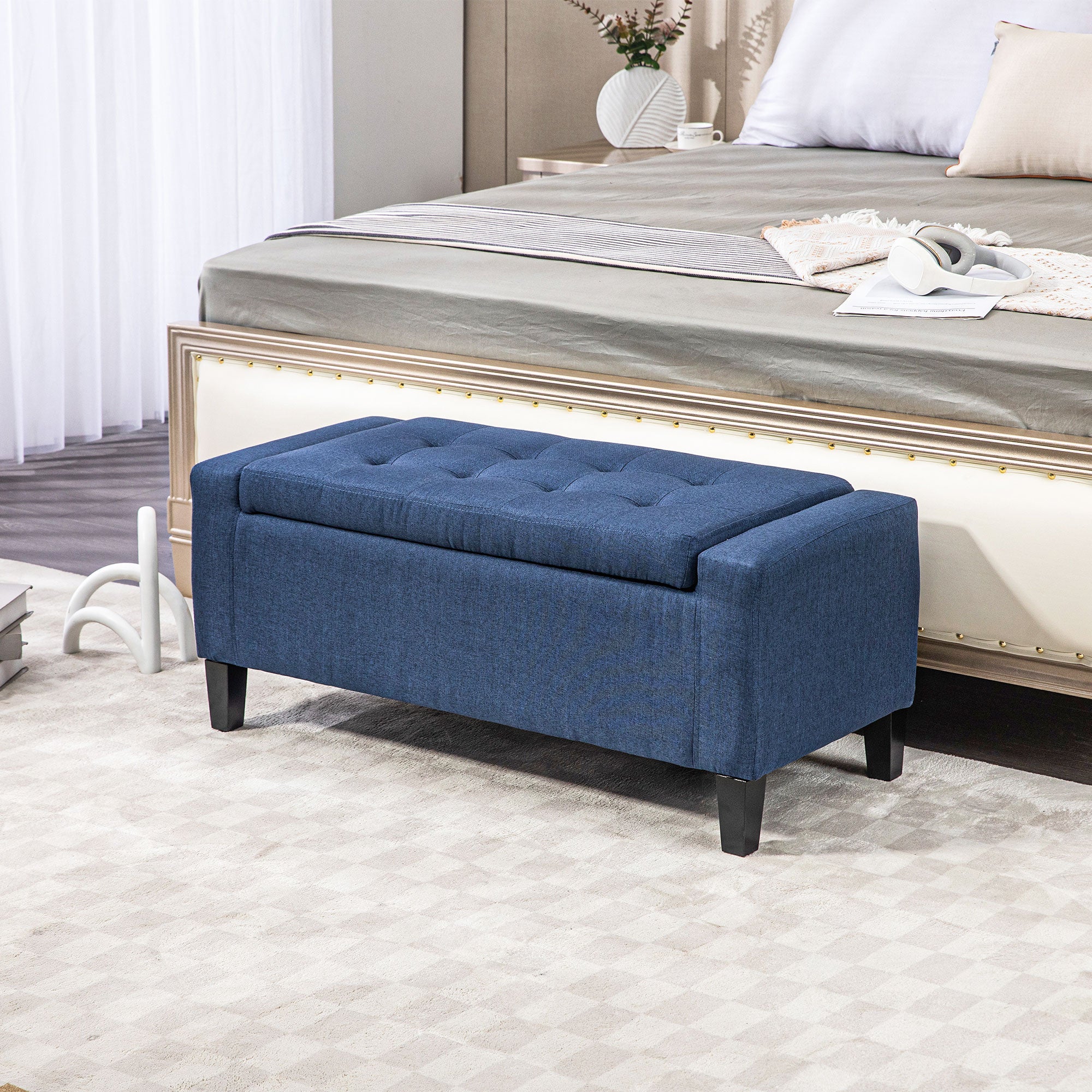 Storage Ottoman Bench, Linen Upholstered Bench with Tufted Design, Dark Blue Storage Ottomans & Benches at Gallery Canada
