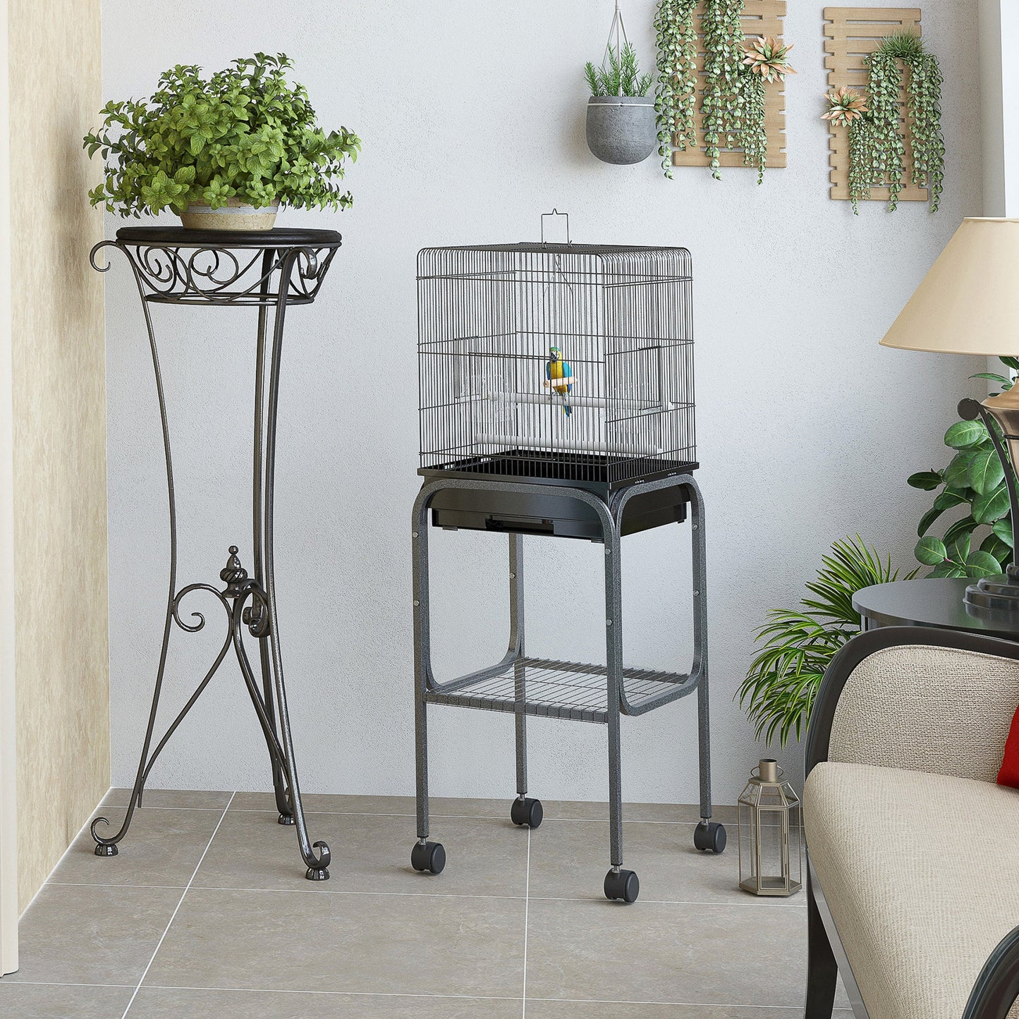 44.5"H Metal Bird Cage Parrot Play Spot Stand with Wheel, Storage Shelf, Multi-doors - Black Bird Cages   at Gallery Canada