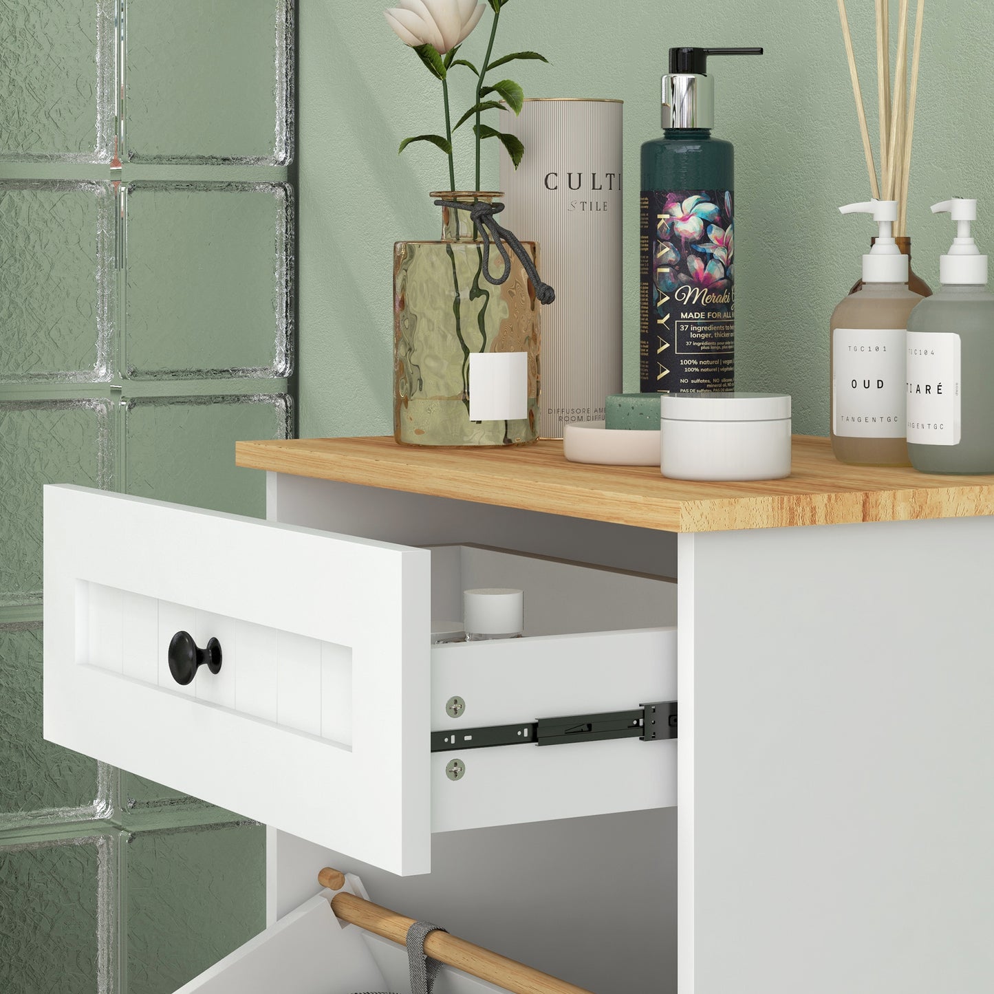 Modern Bathroom Storage Cabinet with Hamper, Fabric Basket and Drawer for Washroom, Laundry Room, White Bathroom Cabinets   at Gallery Canada