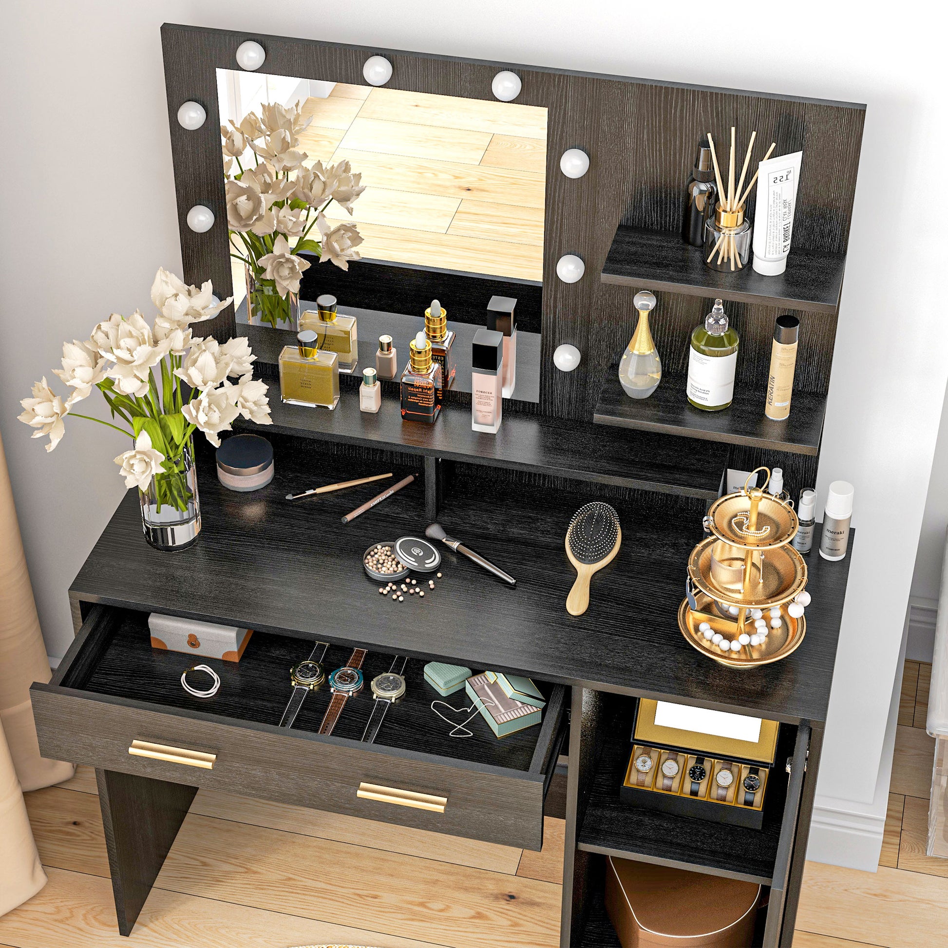 Illuminated Dressing Table Set, LED Vanity Table Set with Stool, LED Mirror, Drawer and Cabinet Shelves for Bedroom Dressing & Vanity Tables   at Gallery Canada