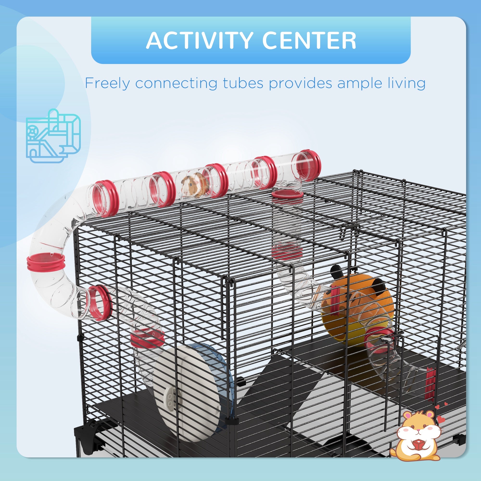 Hamster Cage with Deep Glass Bottom, Tunnel Tube System, Platforms, Hut, Exercise Wheel, Water Bottle, 24