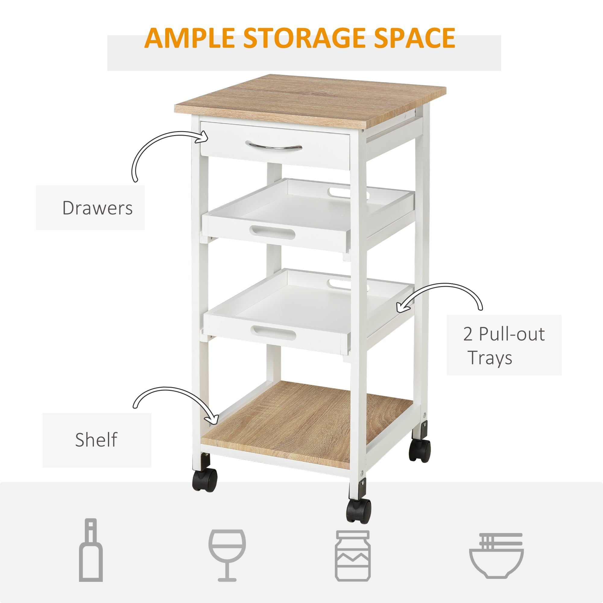 Bar Cart, 4-Tier Kitchen Cart with Removable Serving Tray, Kitchen Shelves on Wheels with Drawer for Dining Room, Living Room, White Kitchen Islands & Kitchen Carts   at Gallery Canada