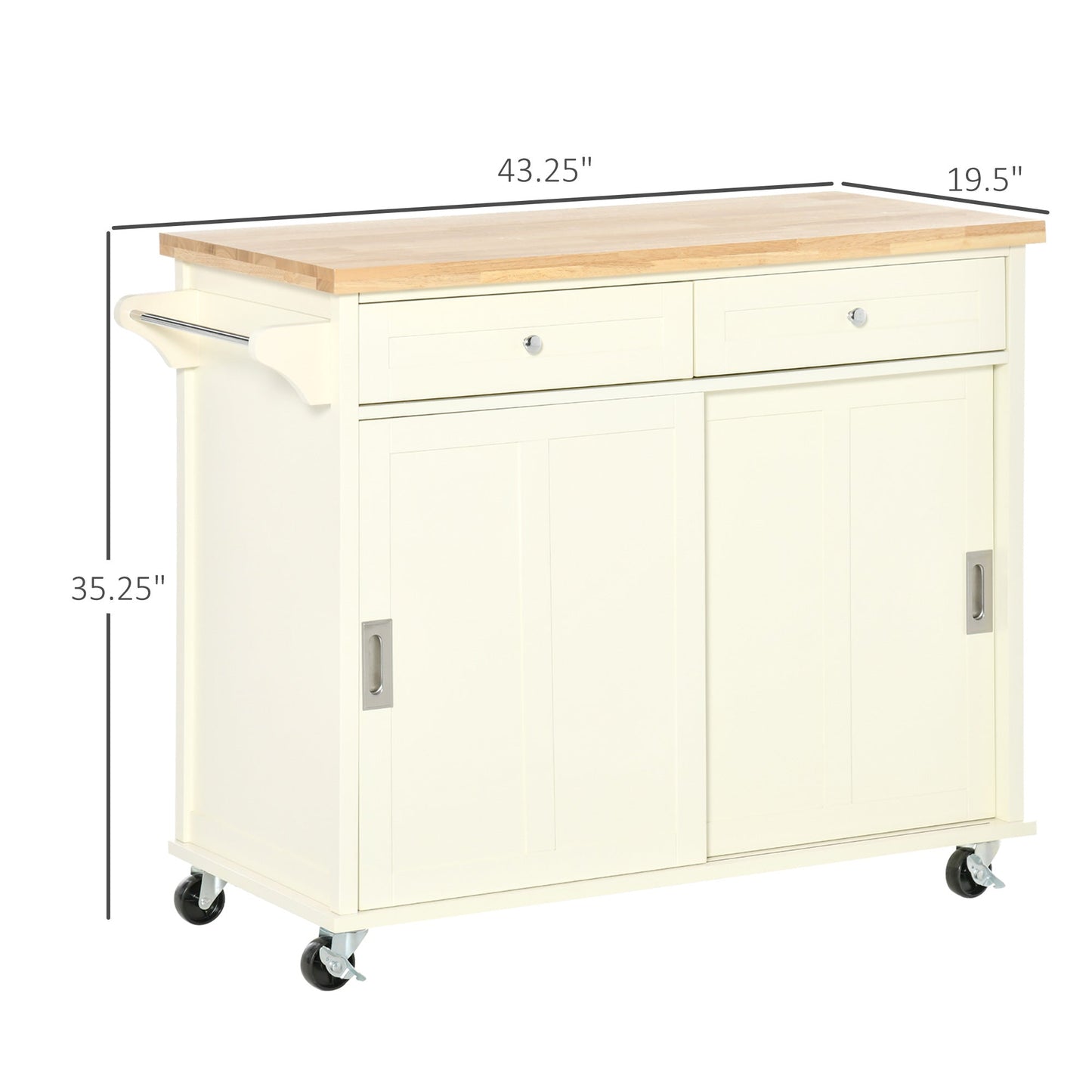 Rolling Kitchen Island, Kitchen Cart on Wheels with Rubberwood Top, 2 Drawers, Towel Rack, Cream White Kitchen Islands & Kitchen Carts Cream  at Gallery Canada