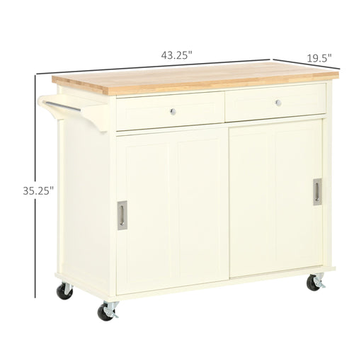 Rolling Kitchen Island, Kitchen Cart on Wheels with Rubberwood Top, 2 Drawers, Towel Rack, Cream White