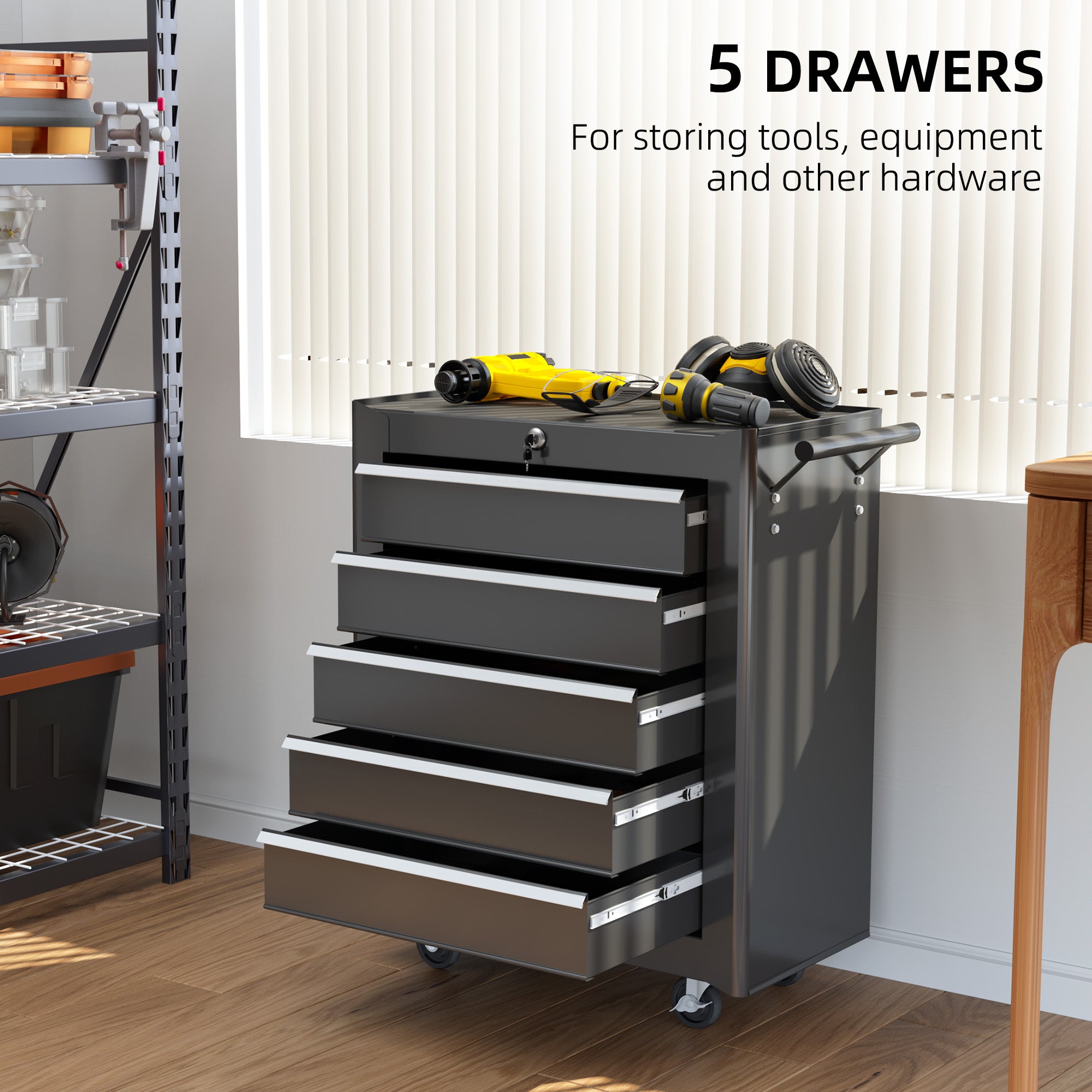 5 Drawer Roller Tool Chest, Mobile Lockable Toolbox, Storage Organizer with Handle for Workshop Mechanics Garage, Black Tool Organizers at Gallery Canada