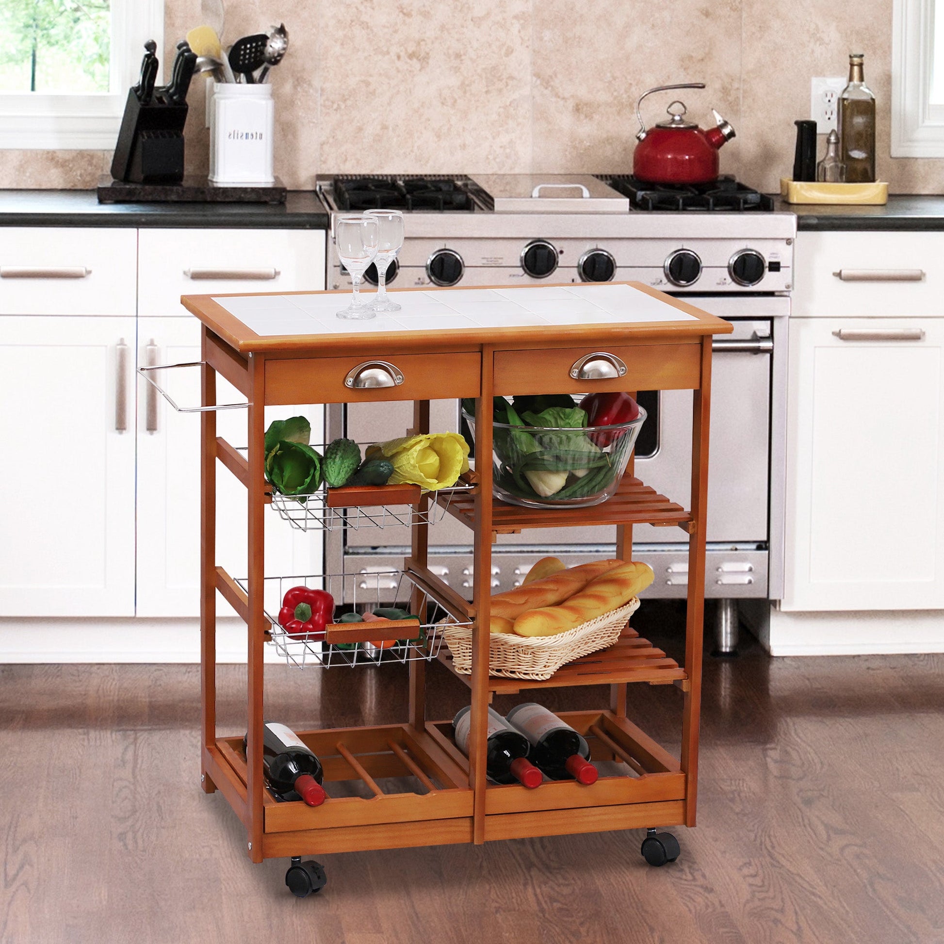 Rolling Kitchen Trolley Cart 4 Tier Storage Wooden Table Rack 2 Drawers Baskets Countertop Kitchen Islands & Kitchen Carts   at Gallery Canada