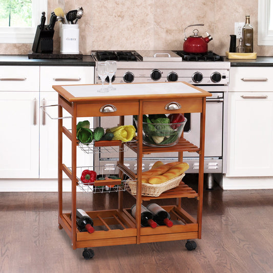 Rolling Kitchen Trolley Cart 4 Tier Storage Wooden Table Rack 2 Drawers Baskets Countertop - Gallery Canada