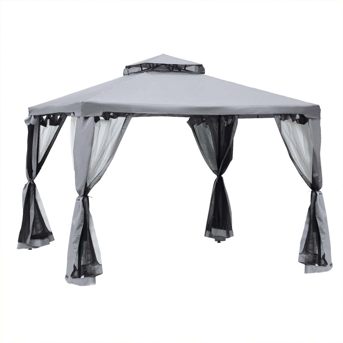 9.6' x 9.6' Patio Gazebo Outdoor Pavilion 2 Tire Roof Canopy Shelter Garden Event Party Tent Yard Sun Shade Steel Frame w/ Mosquito Netting Grey Gazebos Grey  at Gallery Canada